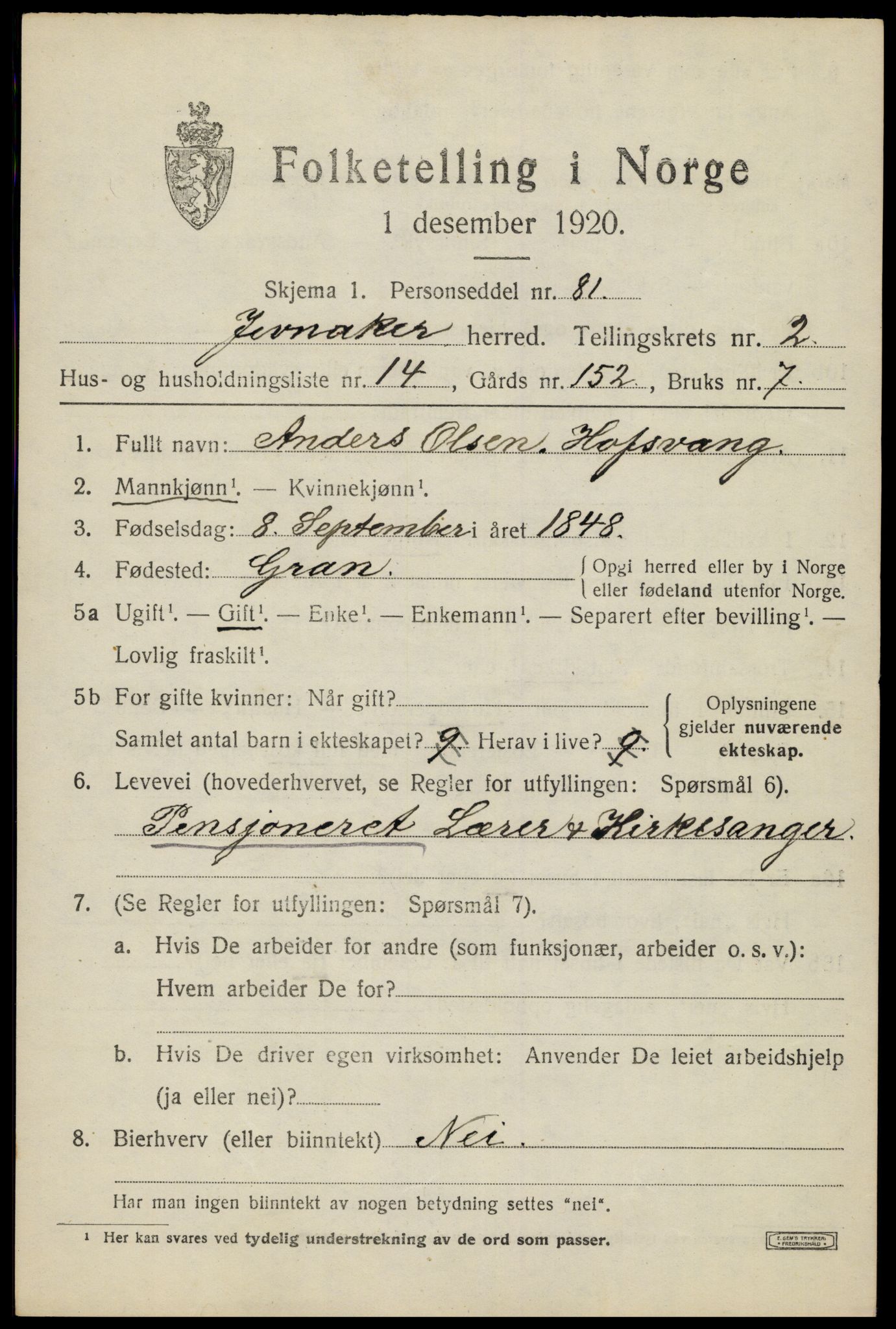 SAH, 1920 census for Jevnaker, 1920, p. 1567