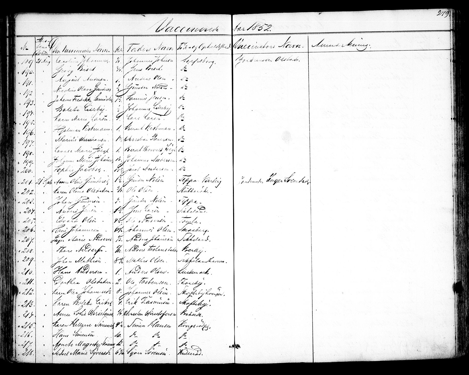 Tune prestekontor Kirkebøker, SAO/A-2007/F/Fa/L0011: Parish register (official) no. 11, 1852-1856, p. 279