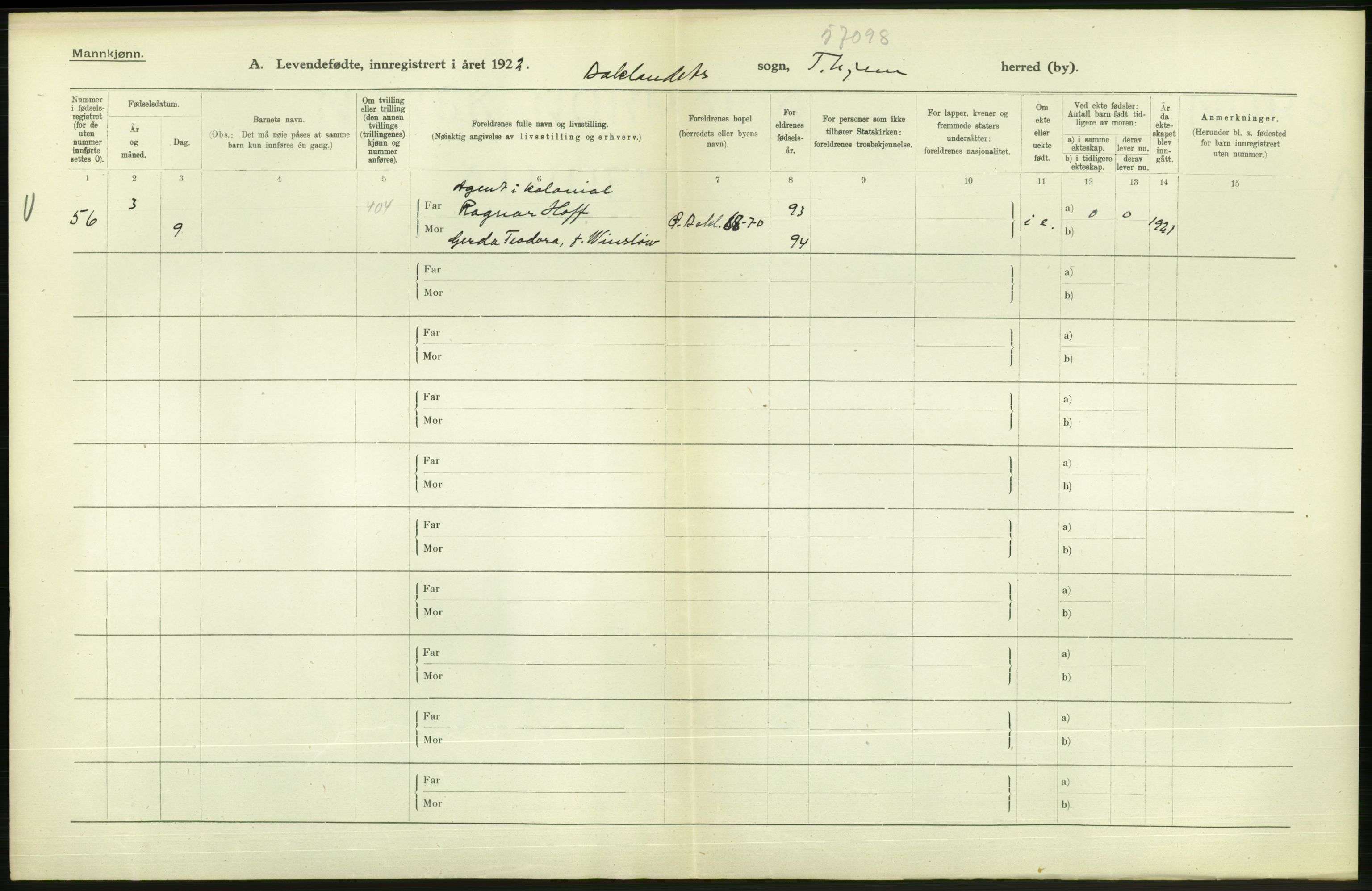 Statistisk sentralbyrå, Sosiodemografiske emner, Befolkning, AV/RA-S-2228/D/Df/Dfc/Dfcb/L0039: Trondheim: Levendefødte menn og kvinner., 1922, p. 42