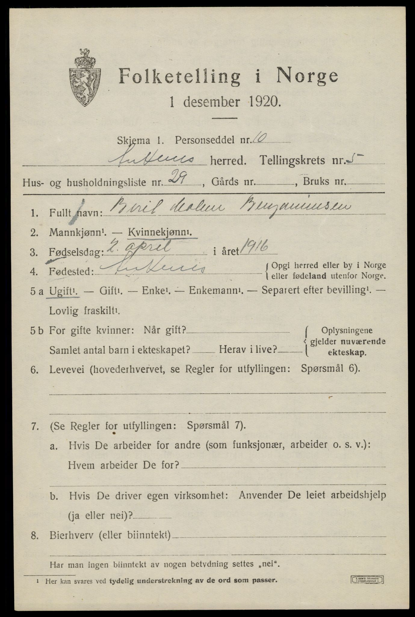 SAT, 1920 census for Ankenes, 1920, p. 3423