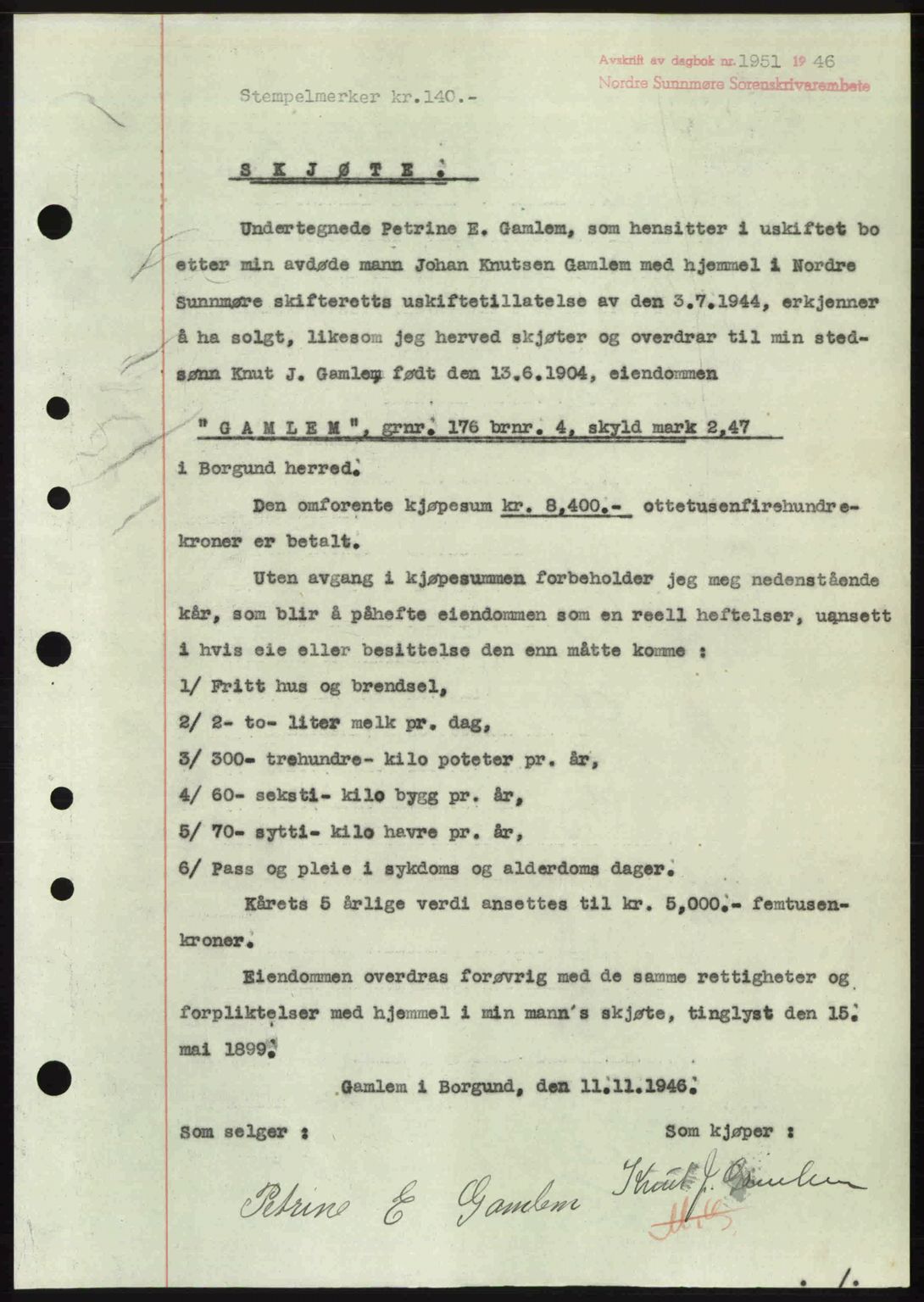 Nordre Sunnmøre sorenskriveri, AV/SAT-A-0006/1/2/2C/2Ca: Mortgage book no. A23, 1946-1947, Diary no: : 1951/1946