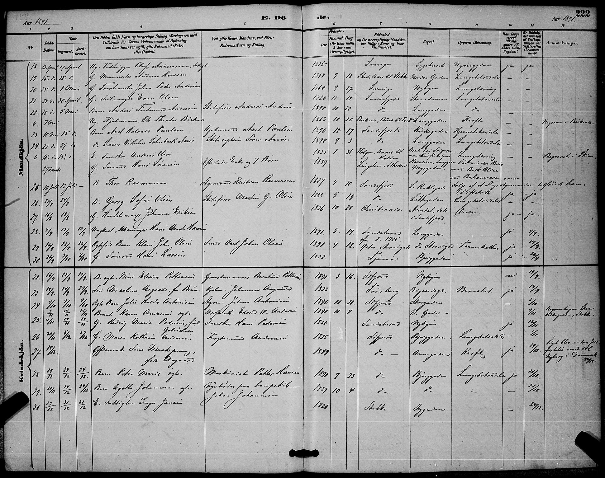 Sandefjord kirkebøker, AV/SAKO-A-315/G/Ga/L0001: Parish register (copy) no. 1, 1885-1903, p. 222