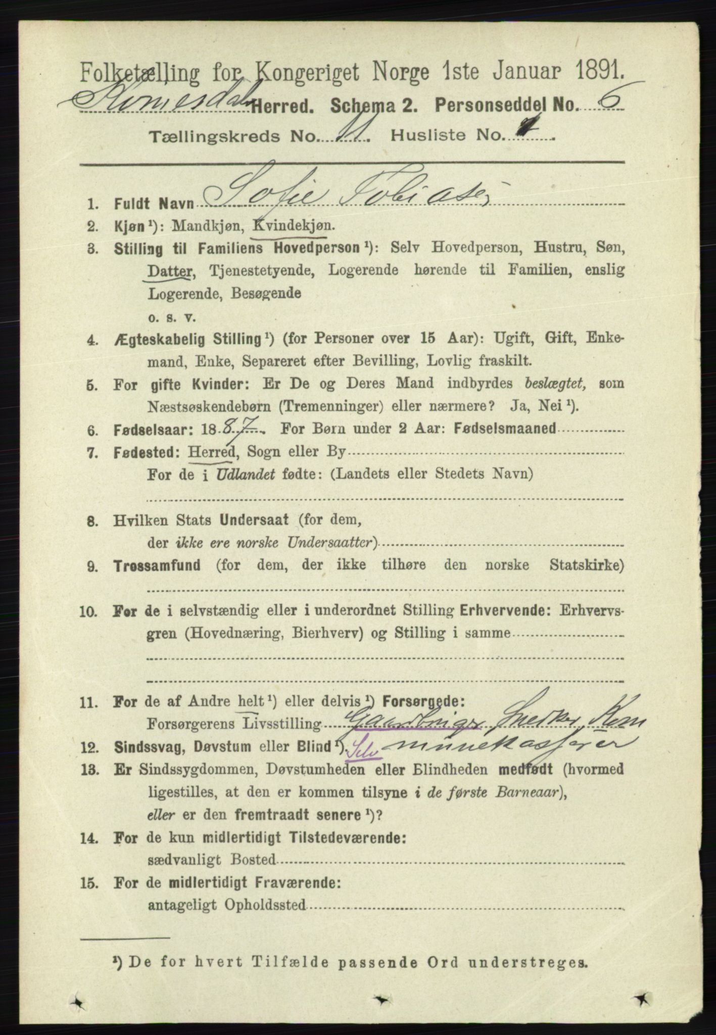 RA, 1891 census for 1037 Kvinesdal, 1891, p. 4510