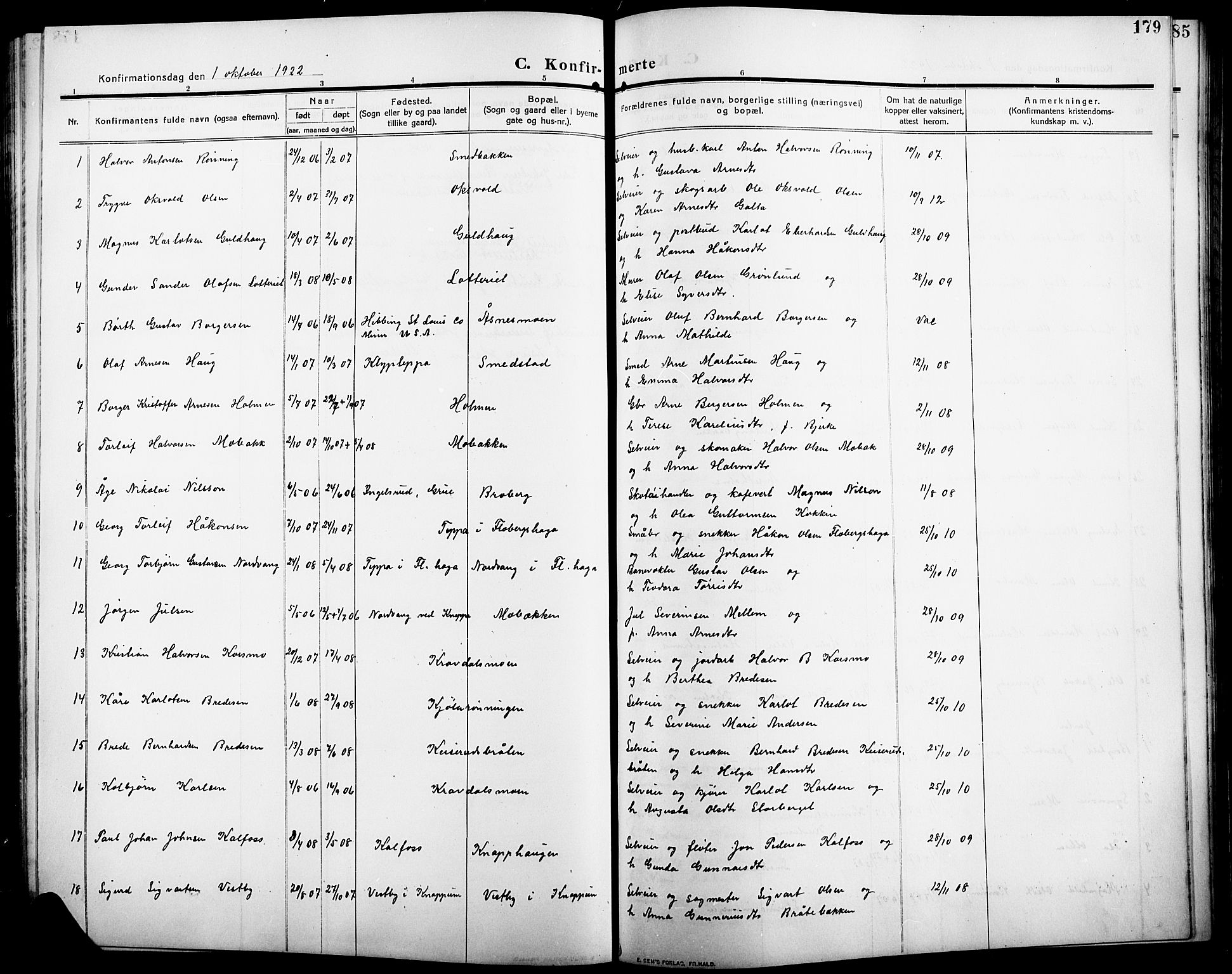 Åsnes prestekontor, SAH/PREST-042/H/Ha/Hab/L0007: Parish register (copy) no. 7, 1909-1926, p. 179
