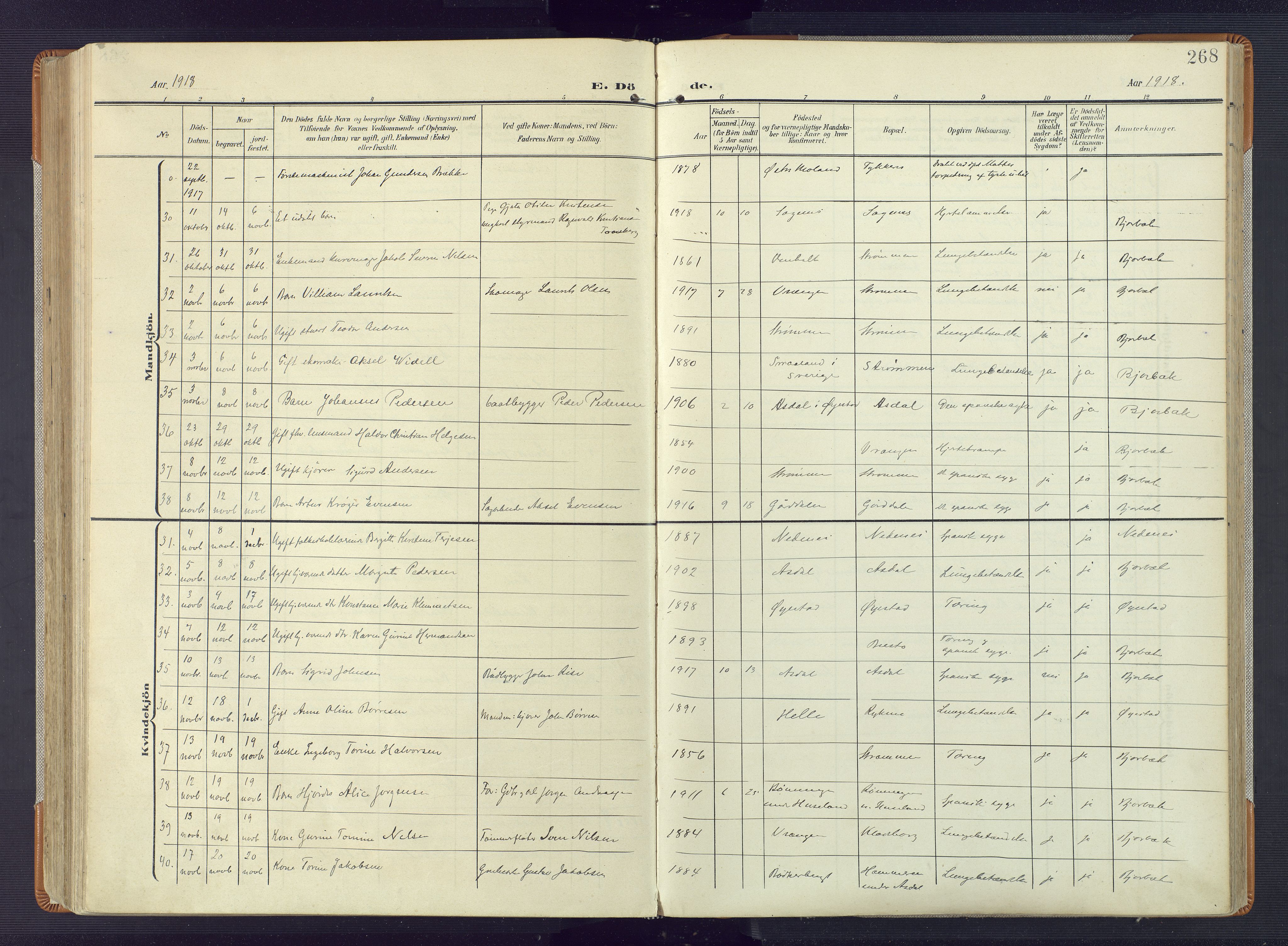 Øyestad sokneprestkontor, AV/SAK-1111-0049/F/Fa/L0019: Parish register (official) no. A 19, 1908-1922, p. 268