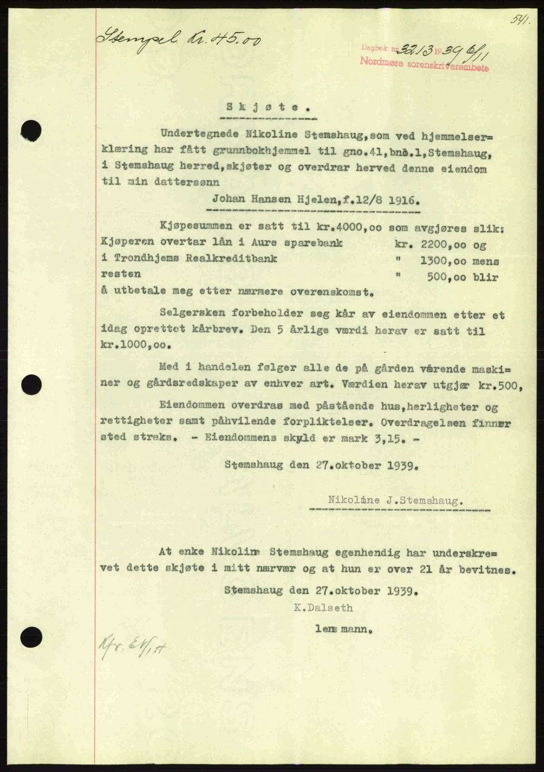 Nordmøre sorenskriveri, AV/SAT-A-4132/1/2/2Ca: Mortgage book no. A87, 1939-1940, Diary no: : 3213/1939