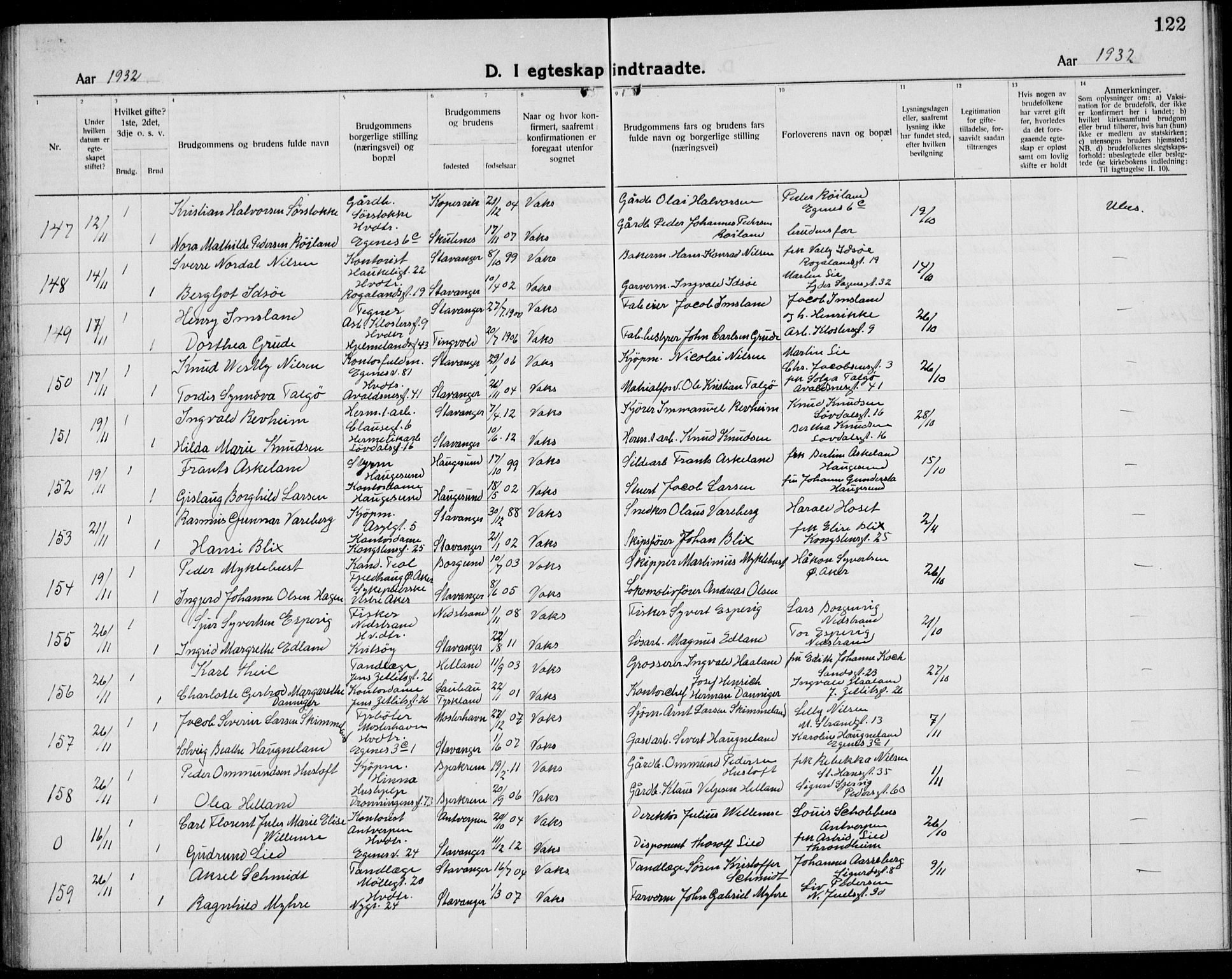 Domkirken sokneprestkontor, AV/SAST-A-101812/001/30/30BB/L0020: Parish register (copy) no. B 20, 1921-1937, p. 122