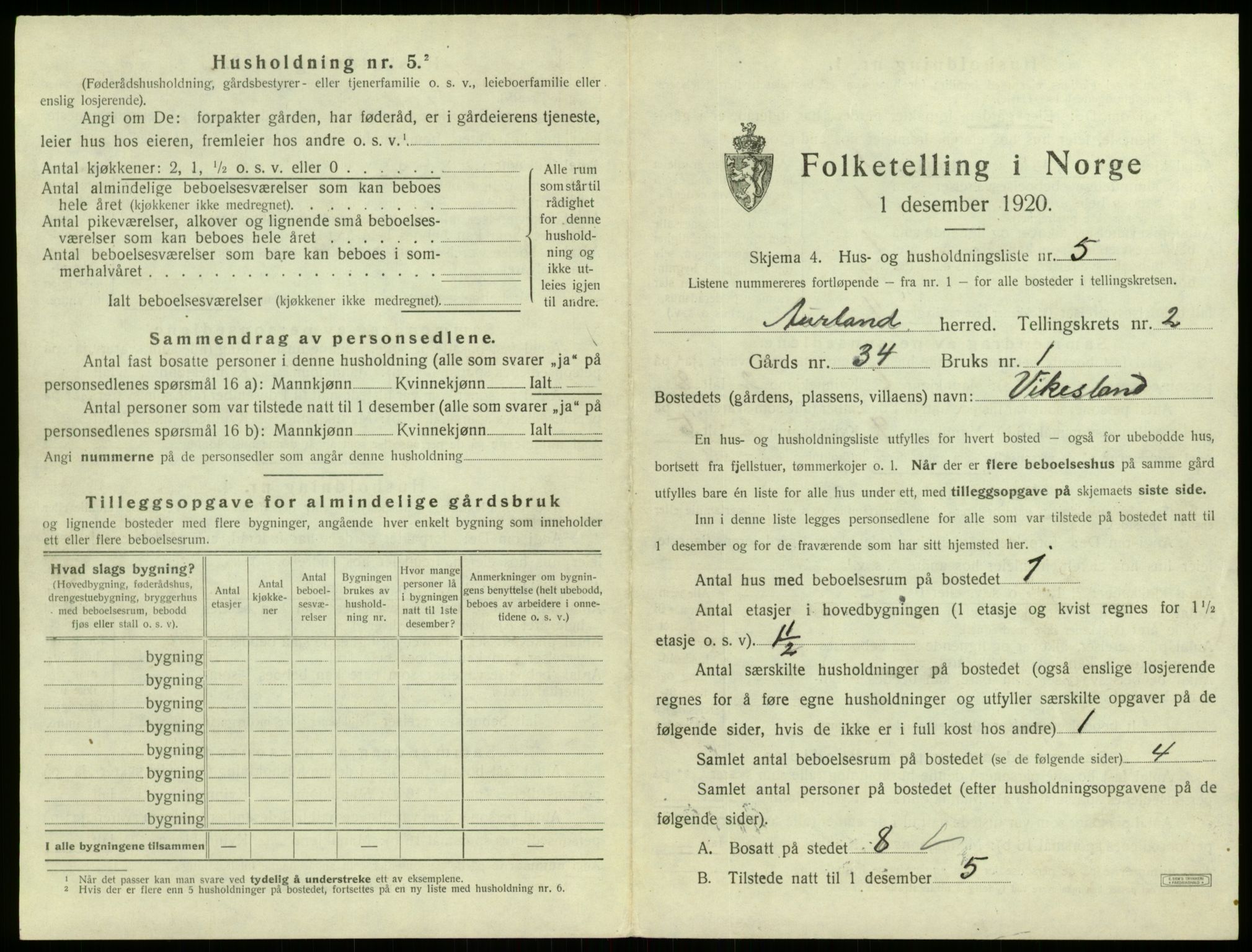 SAB, 1920 census for Aurland, 1920, p. 204