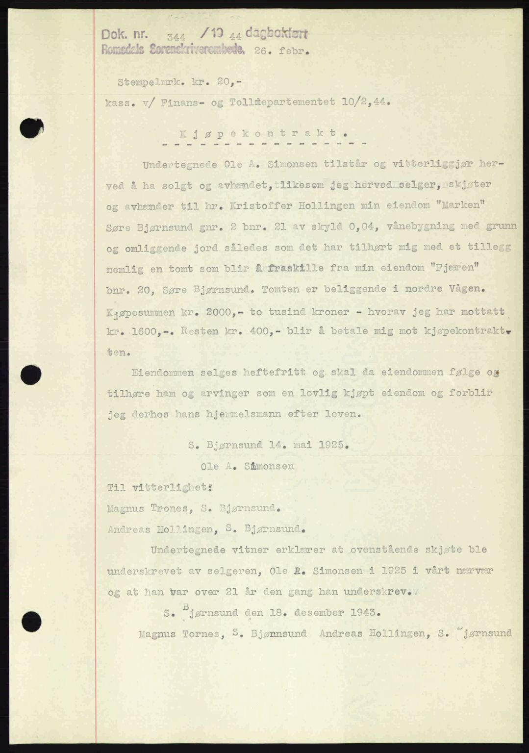 Romsdal sorenskriveri, SAT/A-4149/1/2/2C: Mortgage book no. A16, 1944-1944, Diary no: : 344/1944