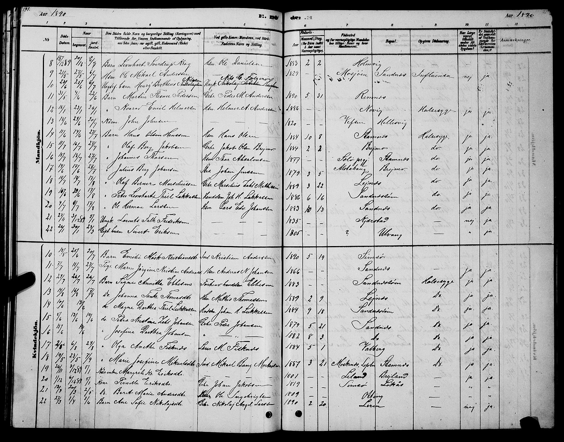 Ministerialprotokoller, klokkerbøker og fødselsregistre - Nordland, AV/SAT-A-1459/831/L0477: Parish register (copy) no. 831C04, 1878-1897, p. 191