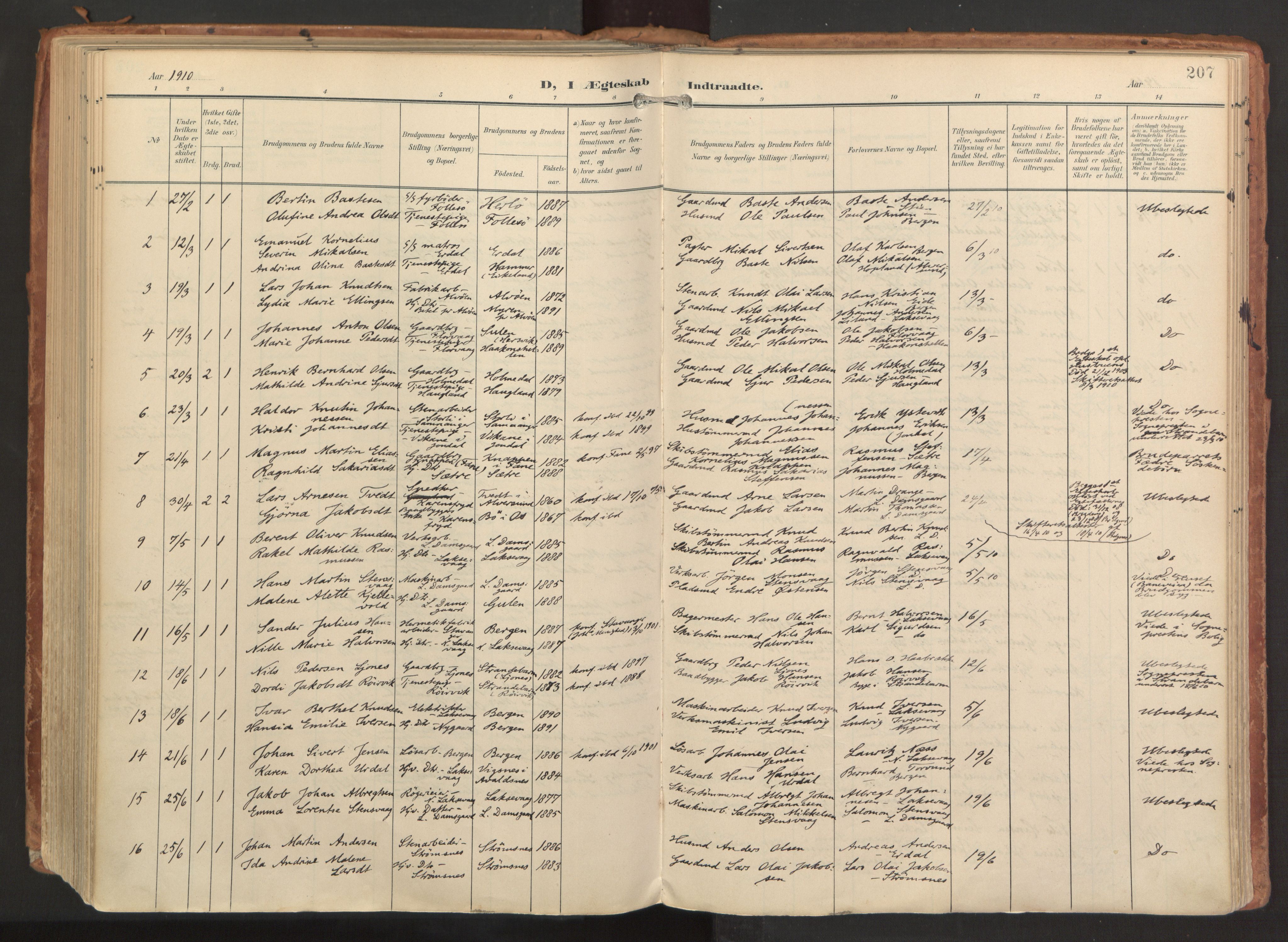 Laksevåg Sokneprestembete, AV/SAB-A-76501/H/Ha/Haa/Haaa/L0001: Parish register (official) no. A 1, 1903-1917, p. 207