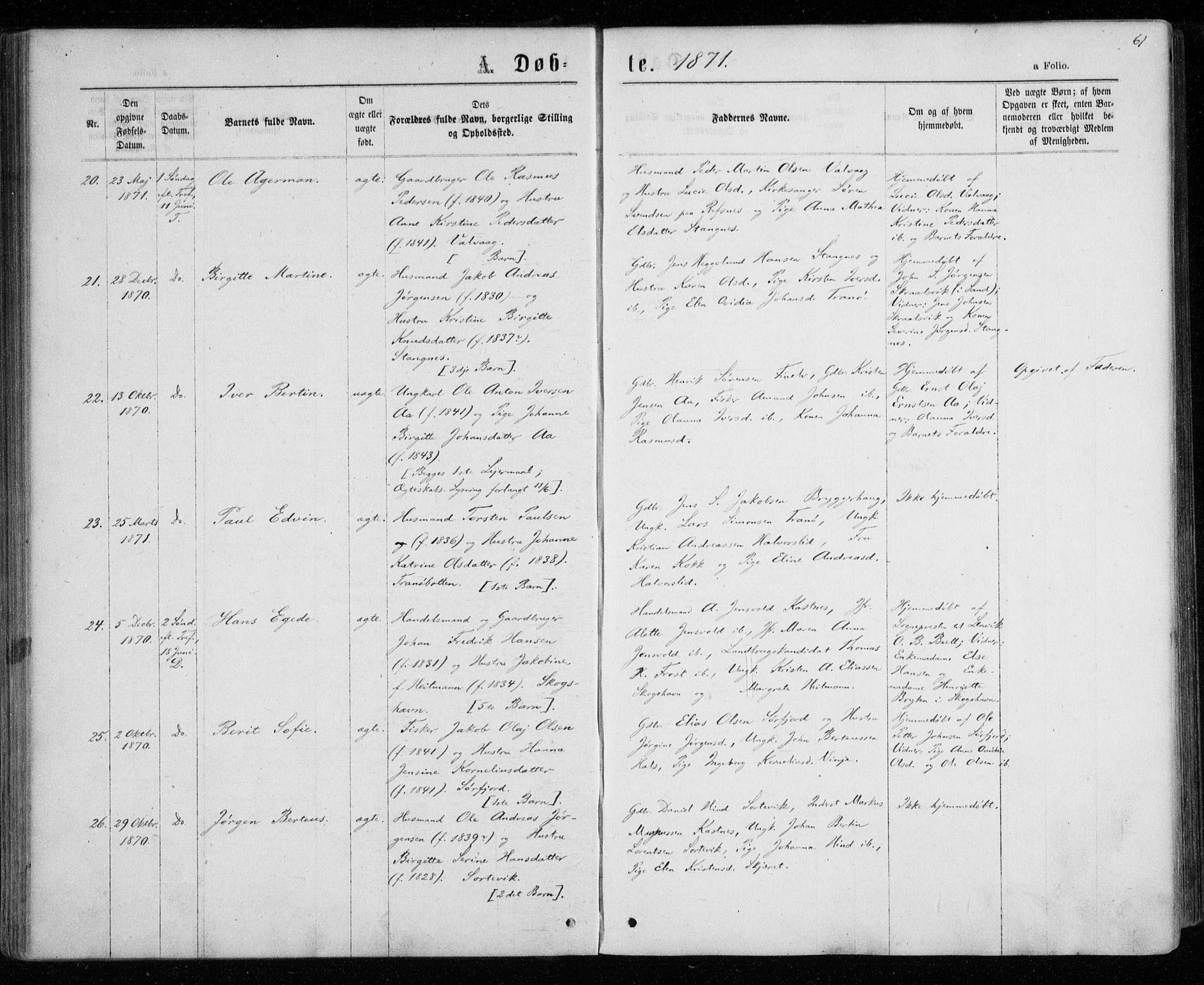 Tranøy sokneprestkontor, AV/SATØ-S-1313/I/Ia/Iaa/L0008kirke: Parish register (official) no. 8, 1867-1877, p. 61