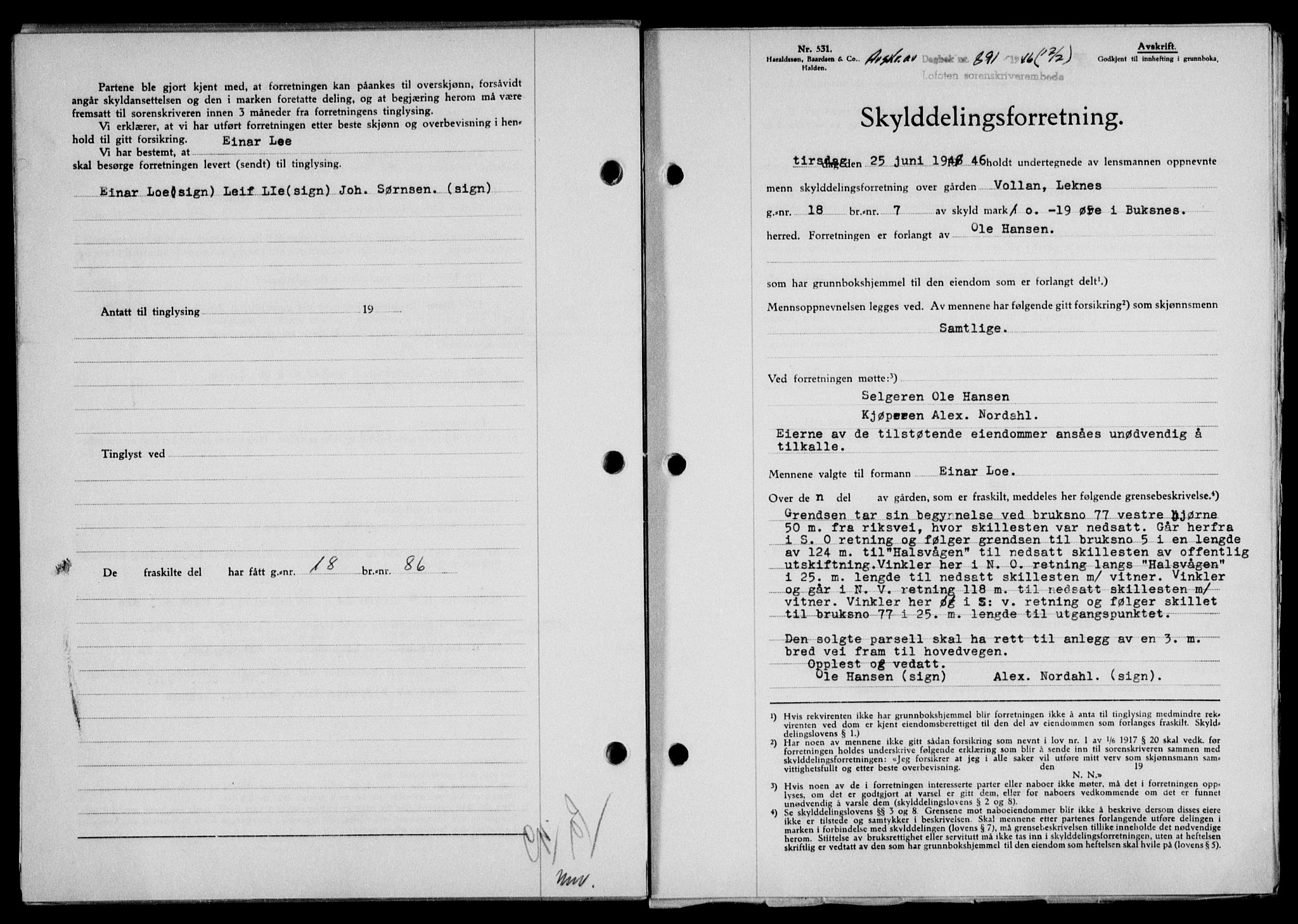 Lofoten sorenskriveri, SAT/A-0017/1/2/2C/L0014a: Mortgage book no. 14a, 1946-1946, Diary no: : 891/1946