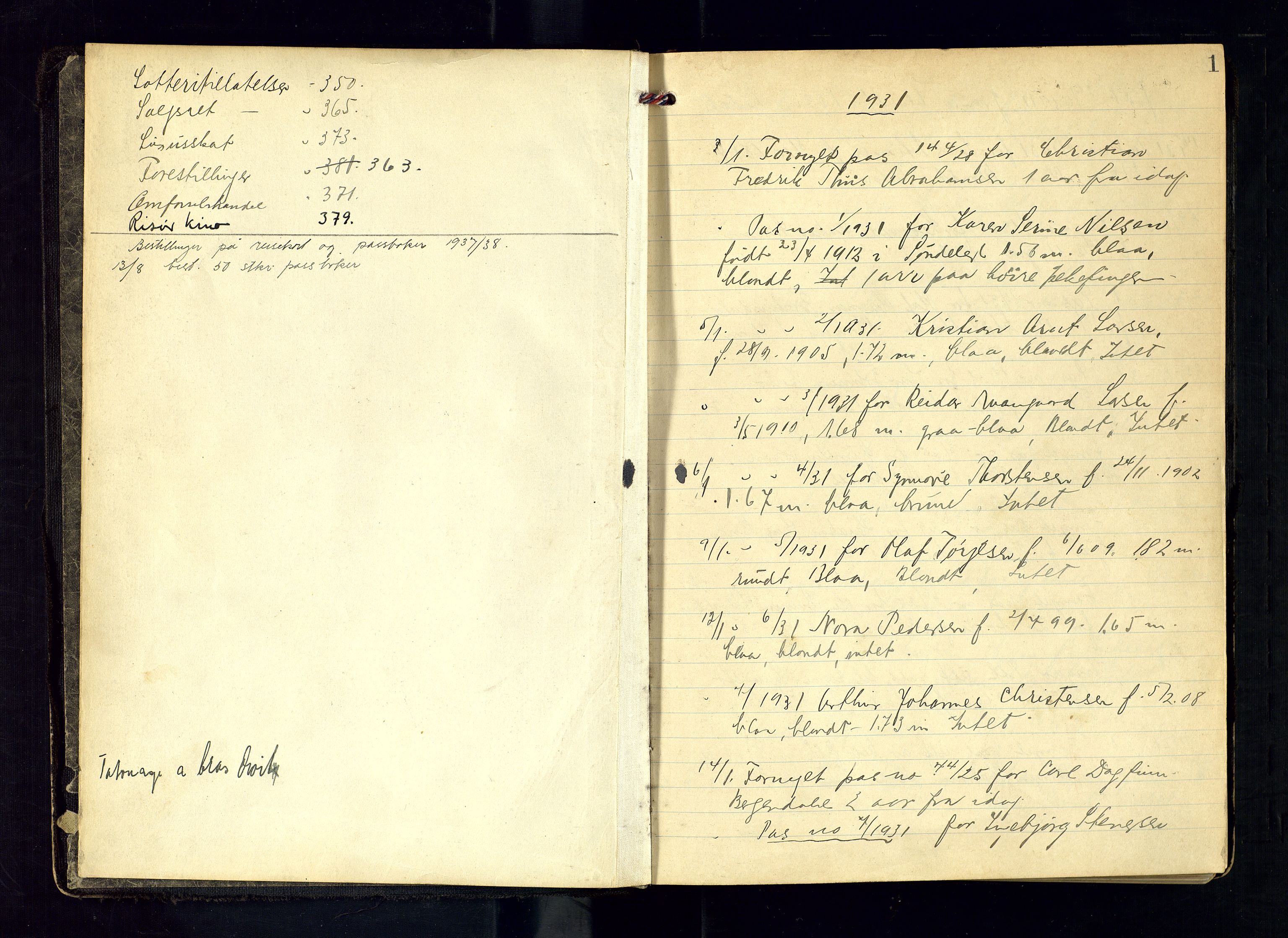 Risør politistasjon, AV/SAK-1243-0006/K/Ka/L0001/0001: Passprotokoller / Passprotokoll, 1931-1946, p. 1