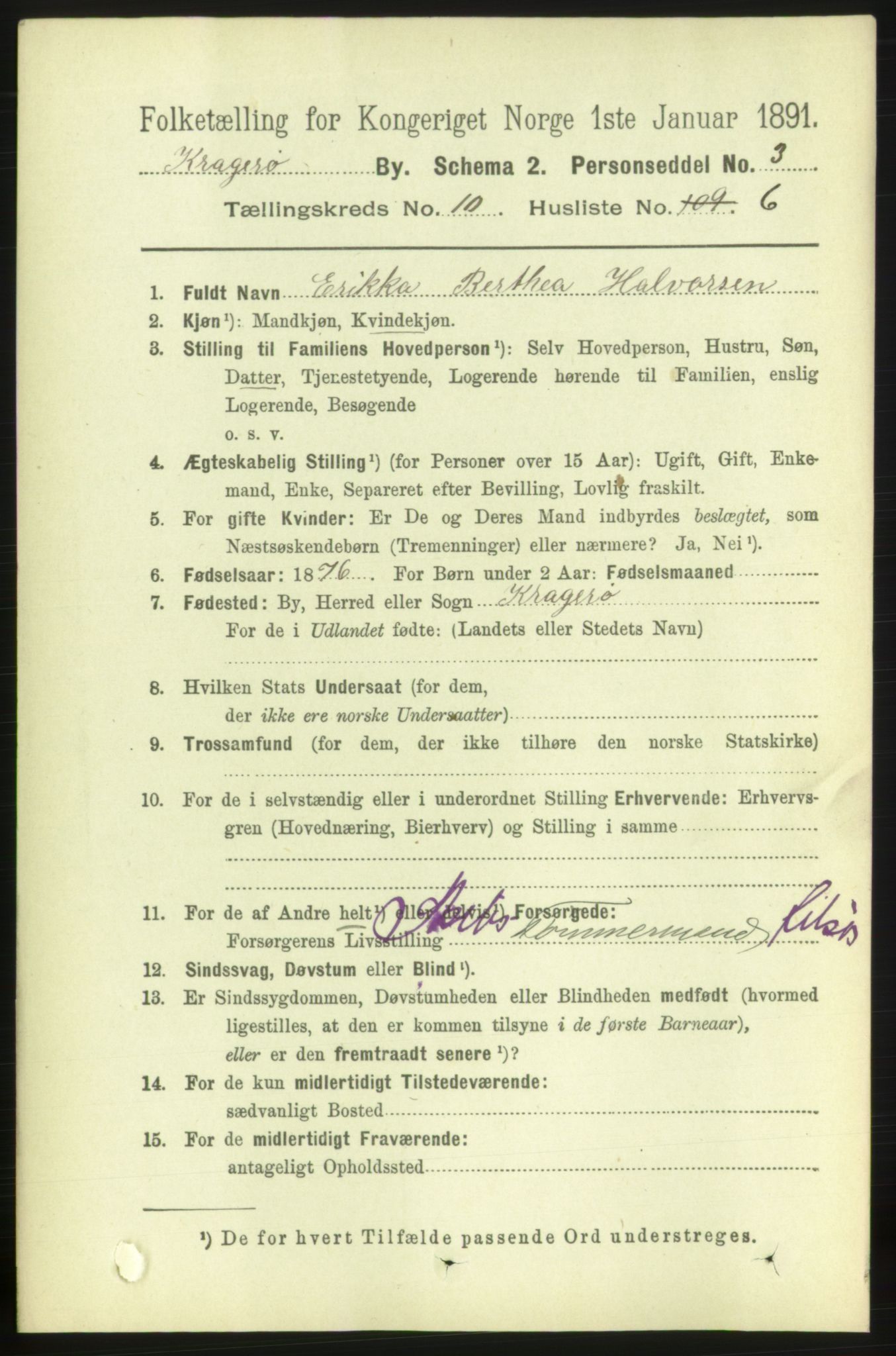 RA, 1891 census for 0801 Kragerø, 1891, p. 3791