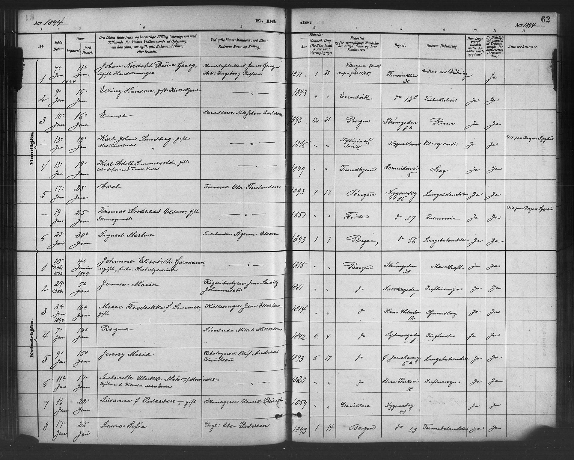 Johanneskirken sokneprestembete, AV/SAB-A-76001/H/Hab: Parish register (copy) no. D 1, 1885-1915, p. 62