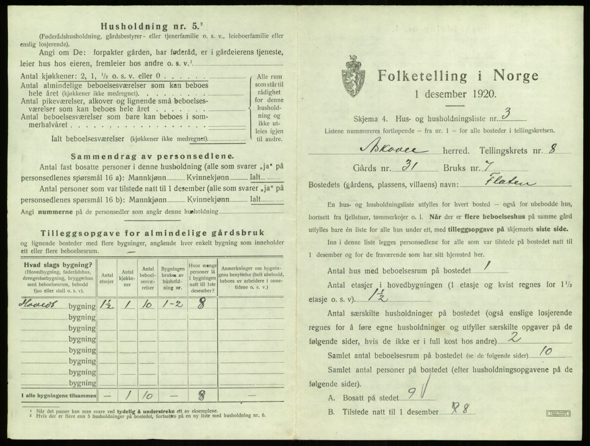 SAB, 1920 census for Askvoll, 1920, p. 420