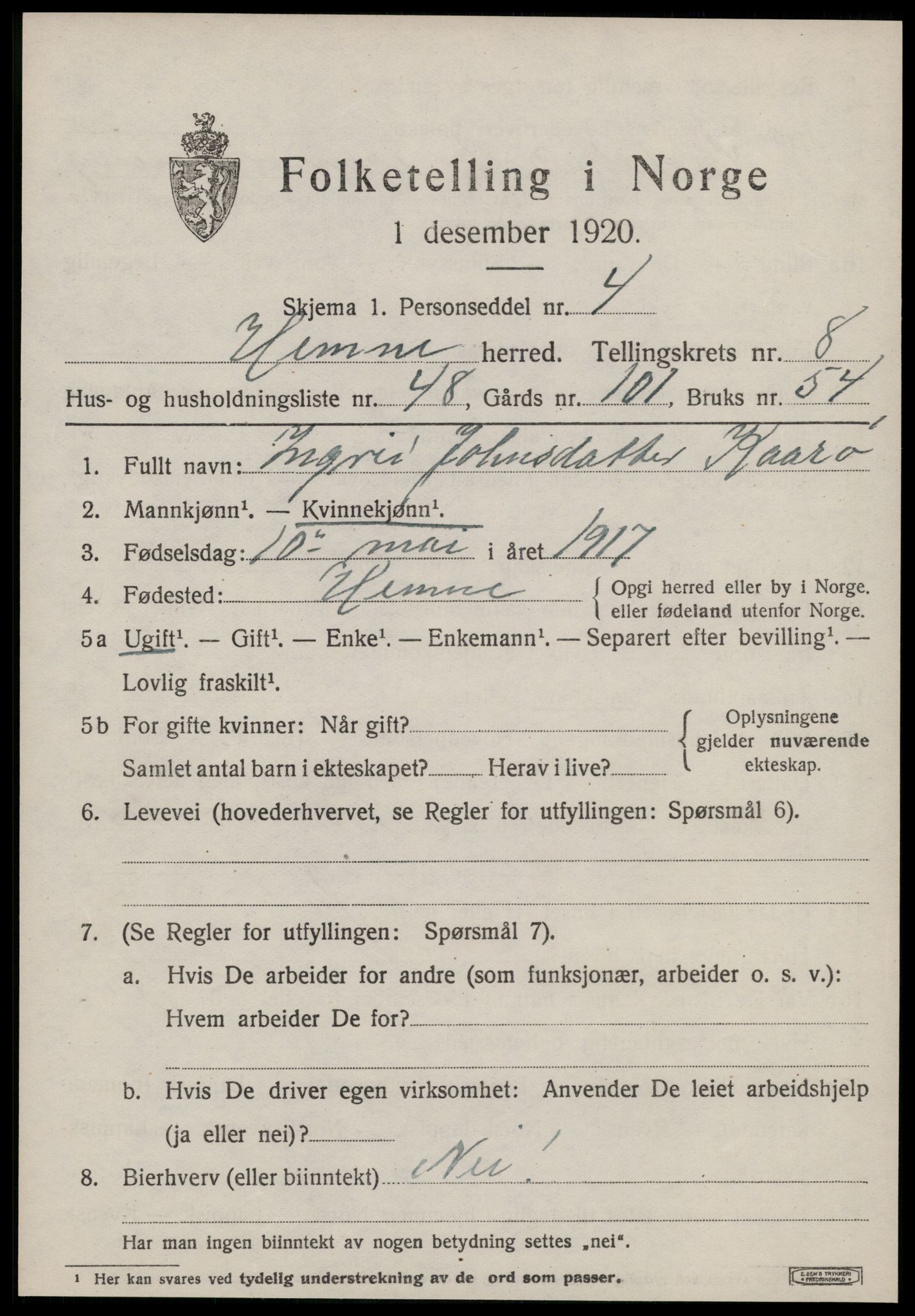 SAT, 1920 census for Hemne, 1920, p. 5340