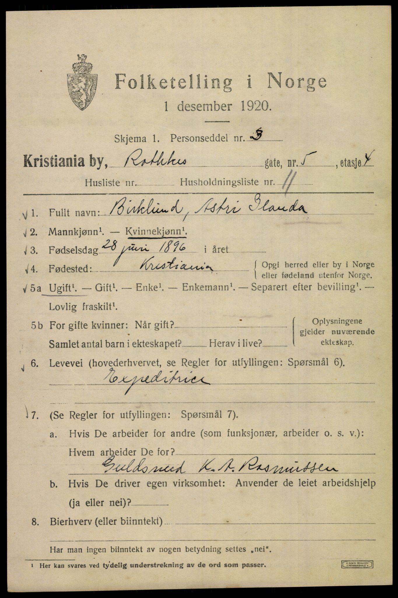 SAO, 1920 census for Kristiania, 1920, p. 461125