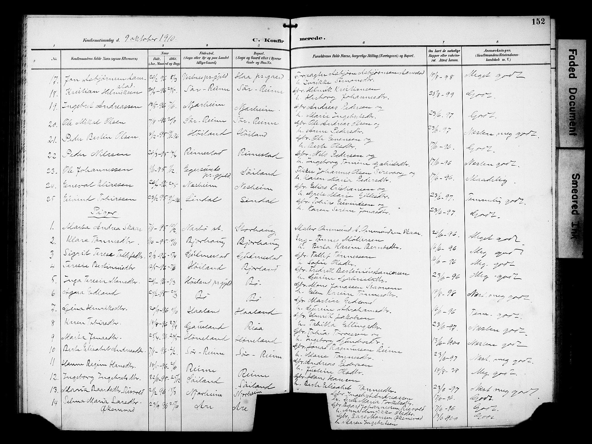 Hå sokneprestkontor, AV/SAST-A-101801/001/30BB/L0005: Parish register (copy) no. B 5, 1894-1912, p. 152