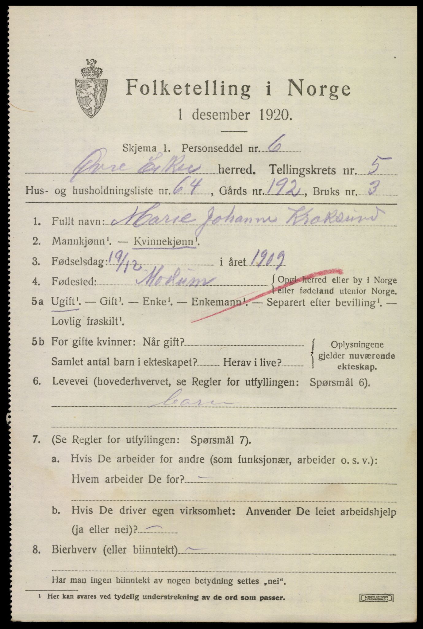 SAKO, 1920 census for Øvre Eiker, 1920, p. 12768