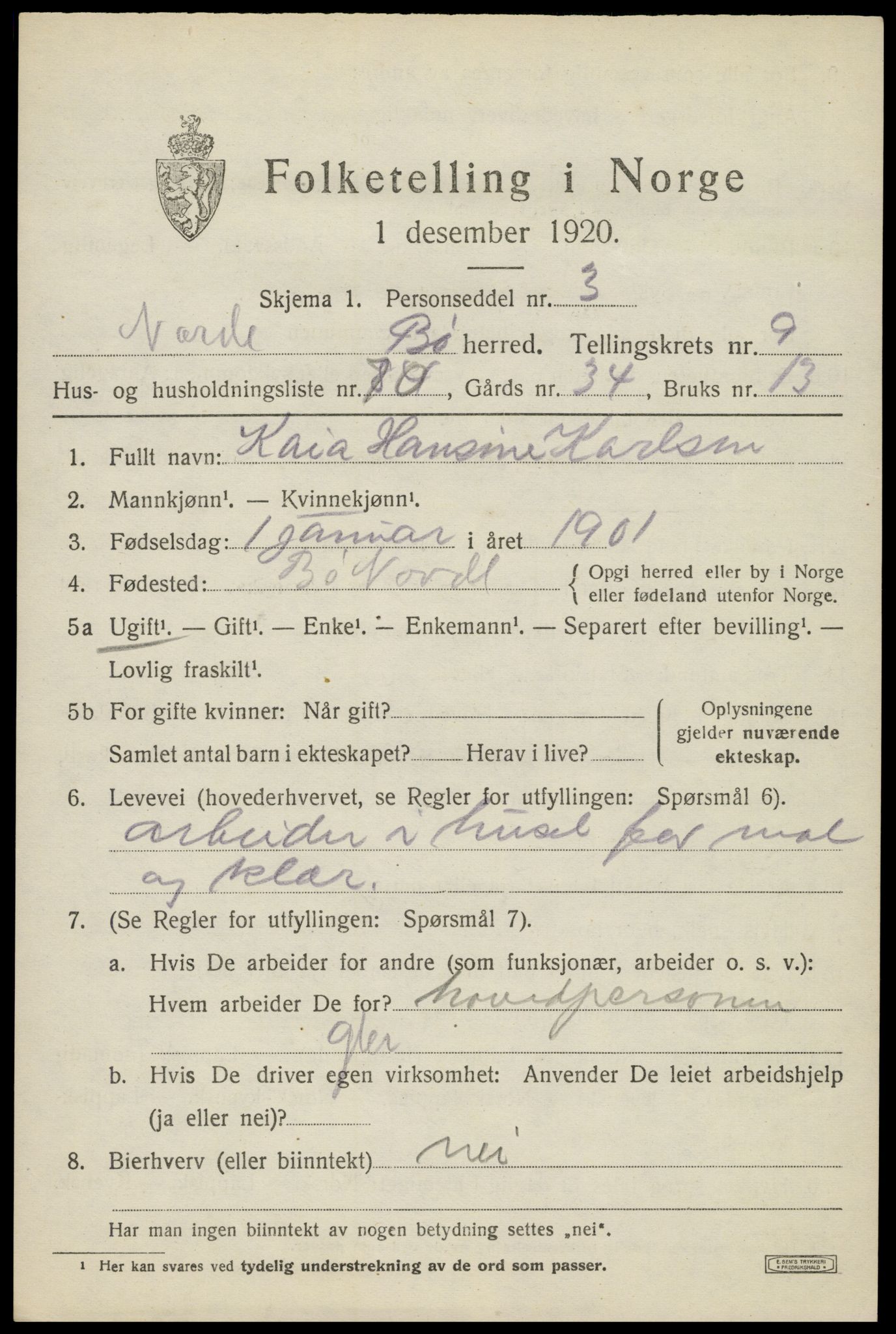 SAT, 1920 census for Bø, 1920, p. 8252