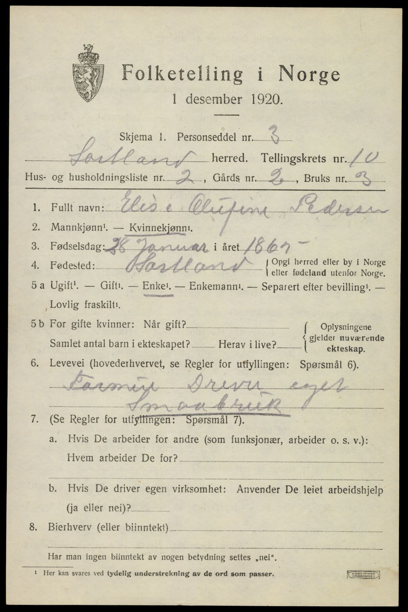 SAT, 1920 census for Sortland, 1920, p. 7628