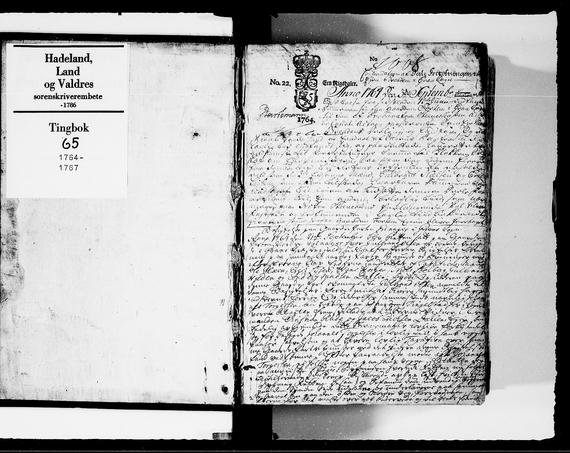 Hadeland, Land og Valdres sorenskriveri, SAH/TING-028/G/Gb/L0065: Tingbok - Hadeland og Land, 1764-1767, p. 0b-1a