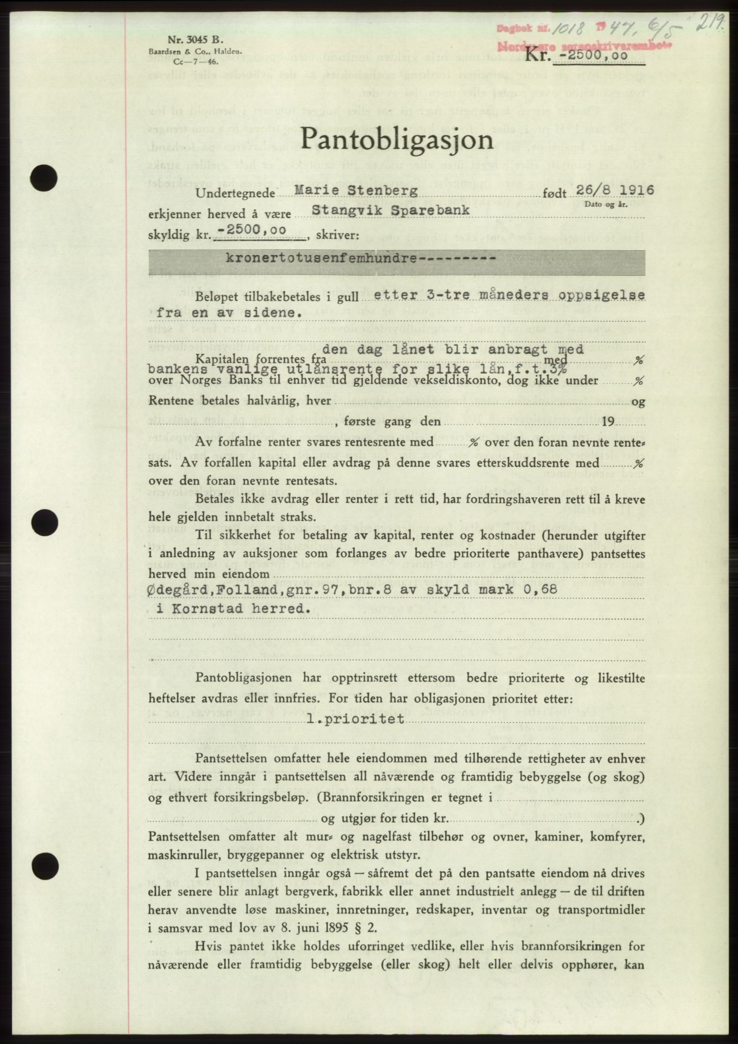 Nordmøre sorenskriveri, AV/SAT-A-4132/1/2/2Ca: Mortgage book no. B96, 1947-1947, Diary no: : 1018/1947