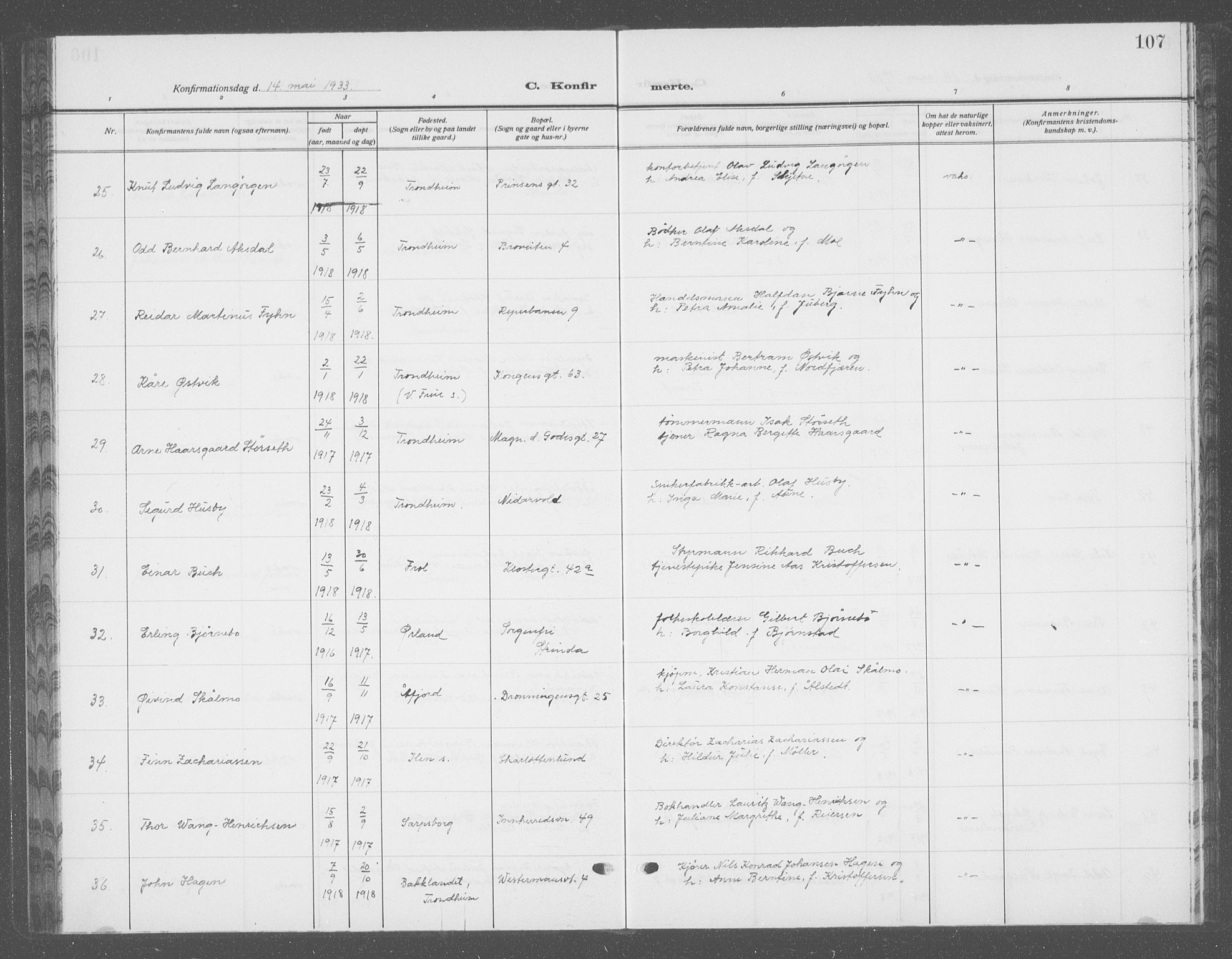 Ministerialprotokoller, klokkerbøker og fødselsregistre - Sør-Trøndelag, AV/SAT-A-1456/601/L0099: Parish register (copy) no. 601C17, 1928-1941, p. 107