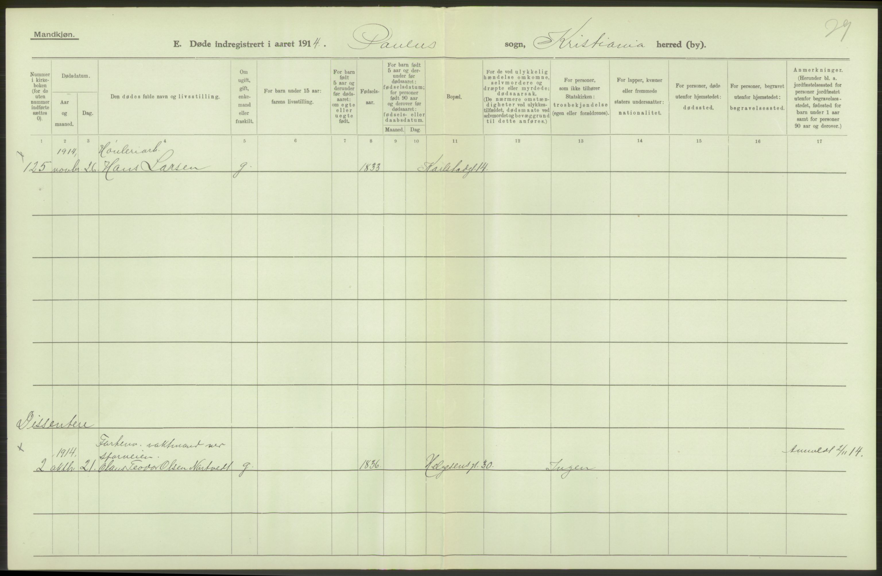 Statistisk sentralbyrå, Sosiodemografiske emner, Befolkning, AV/RA-S-2228/D/Df/Dfb/Dfbd/L0008: Kristiania: Døde, 1914, p. 246