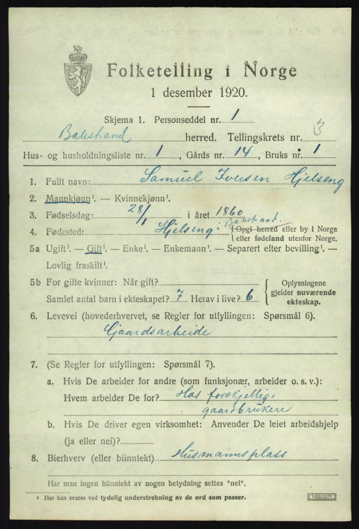 SAB, 1920 census for Balestrand, 1920, p. 1838