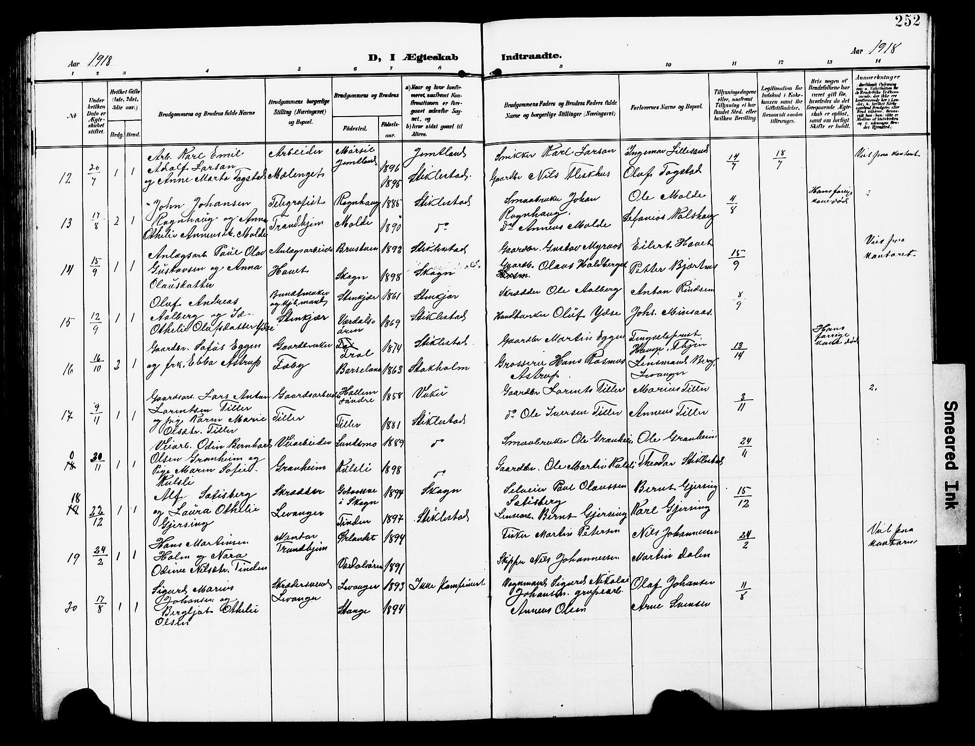 Ministerialprotokoller, klokkerbøker og fødselsregistre - Nord-Trøndelag, SAT/A-1458/723/L0258: Parish register (copy) no. 723C06, 1908-1927, p. 252