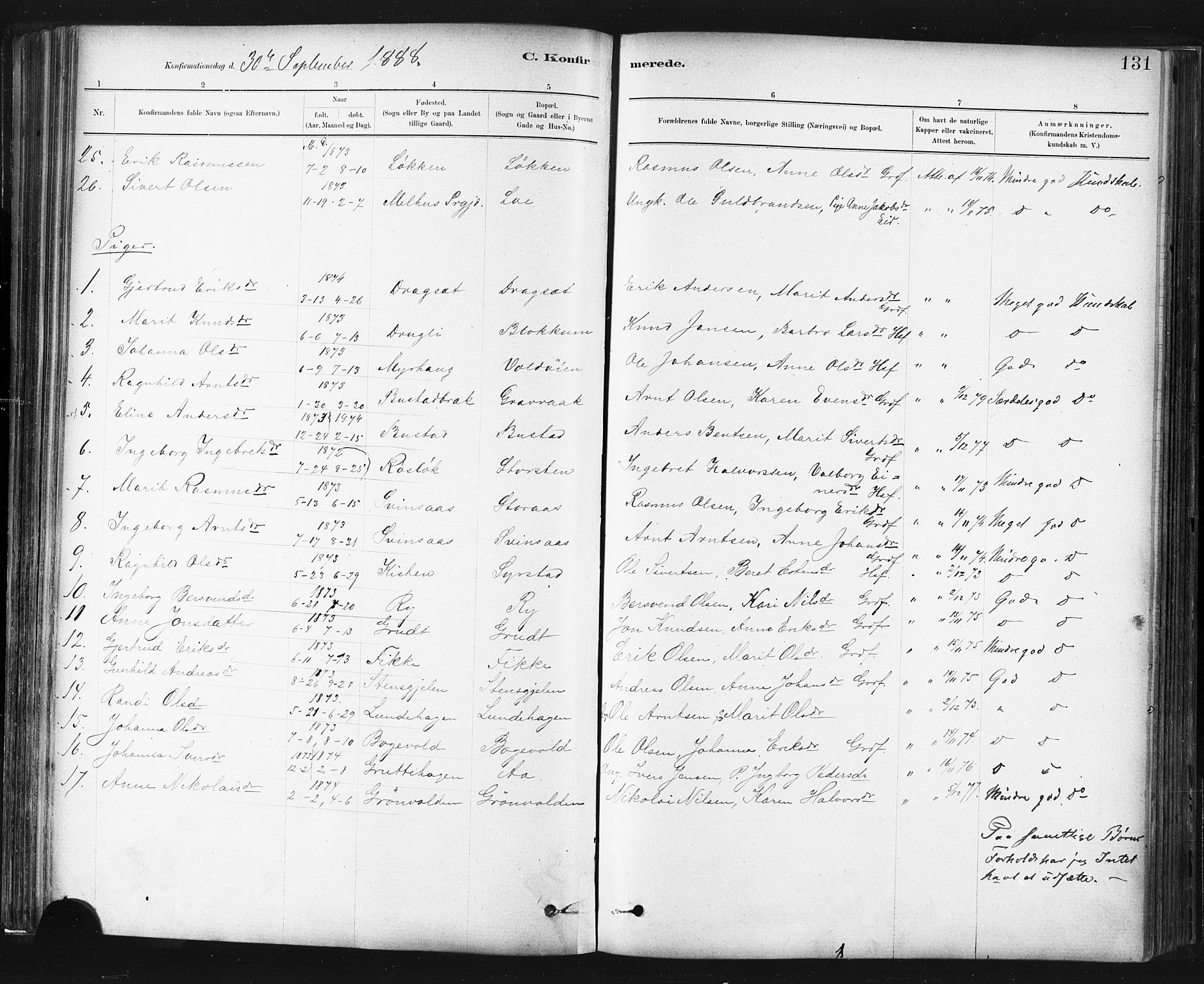 Ministerialprotokoller, klokkerbøker og fødselsregistre - Sør-Trøndelag, AV/SAT-A-1456/672/L0857: Parish register (official) no. 672A09, 1882-1893, p. 131