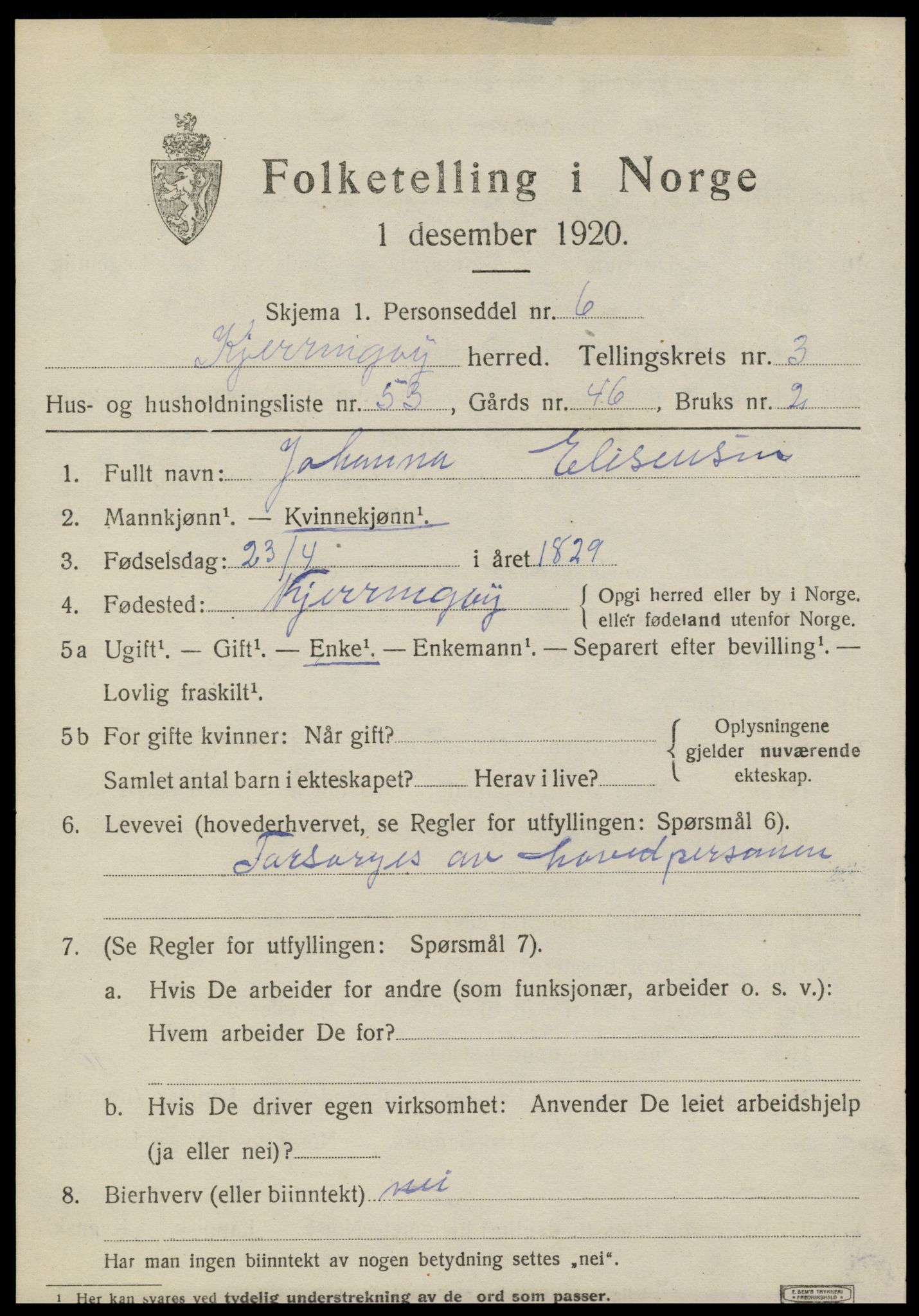 SAT, 1920 census for Kjerringøy, 1920, p. 1823