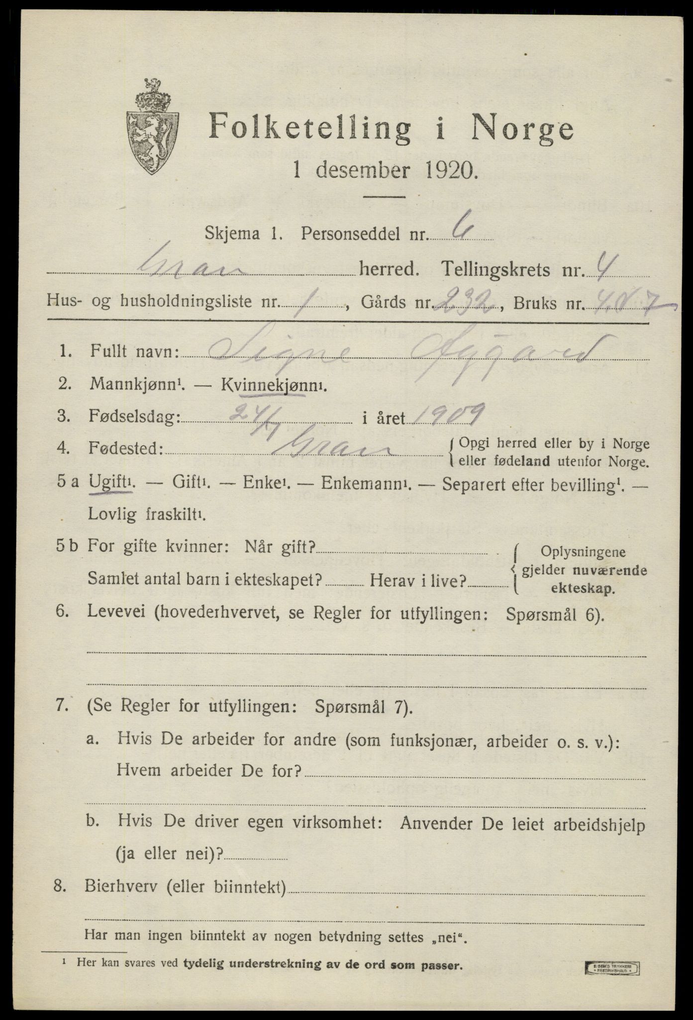 SAH, 1920 census for Gran, 1920, p. 6348