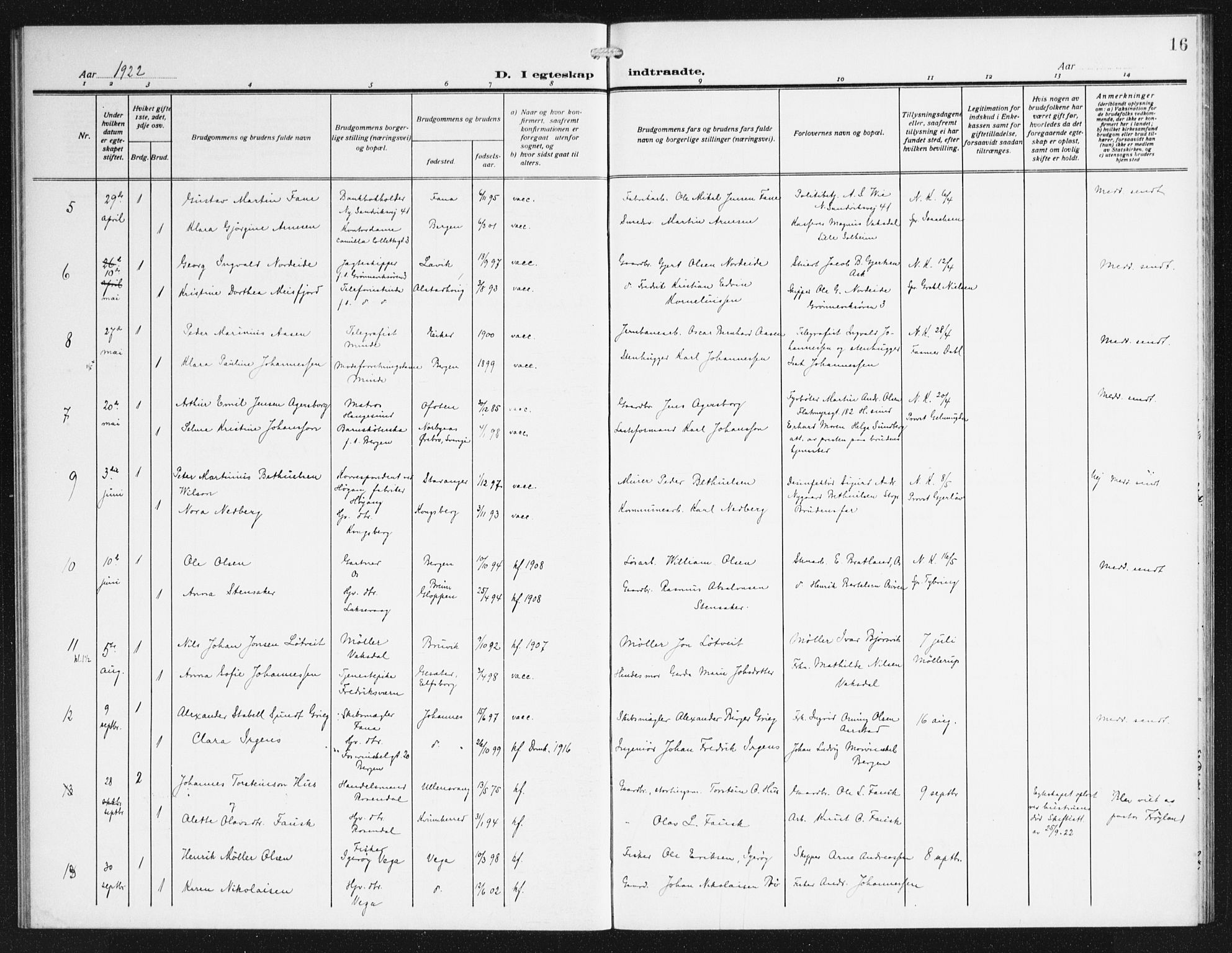 Domkirken sokneprestembete, AV/SAB-A-74801/H/Haa/L0067: Curate's parish register no. A 5, 1915-1934, p. 16