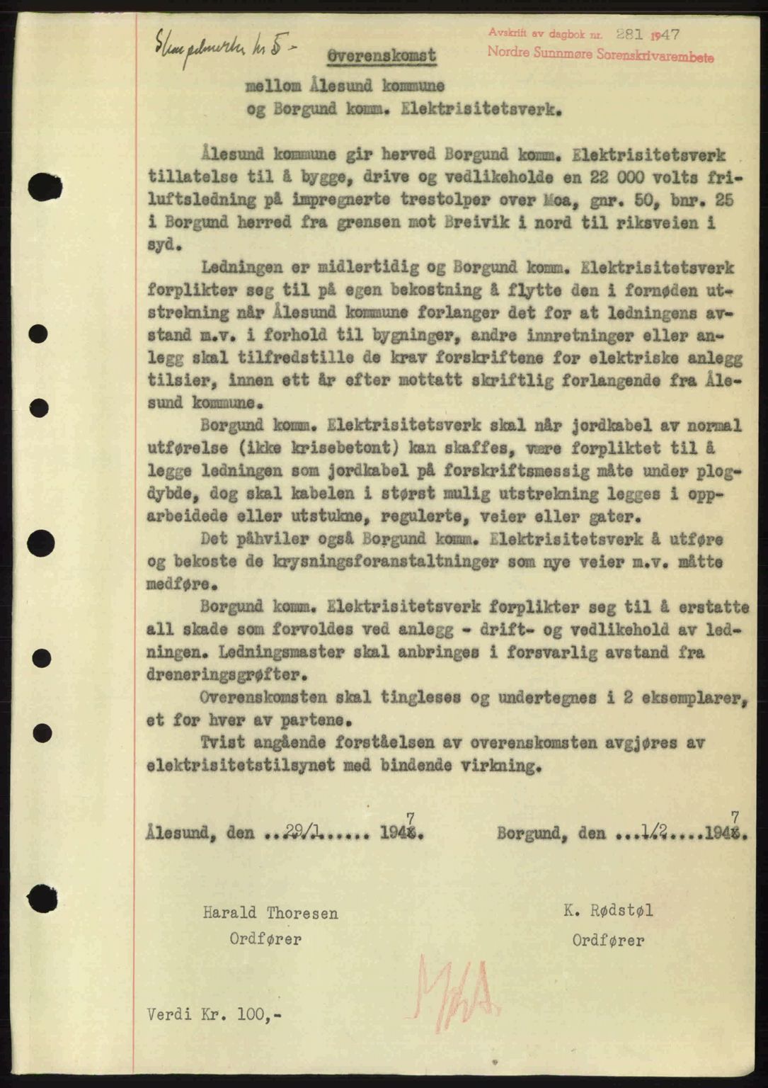 Nordre Sunnmøre sorenskriveri, AV/SAT-A-0006/1/2/2C/2Ca: Mortgage book no. A23, 1946-1947, Diary no: : 281/1947