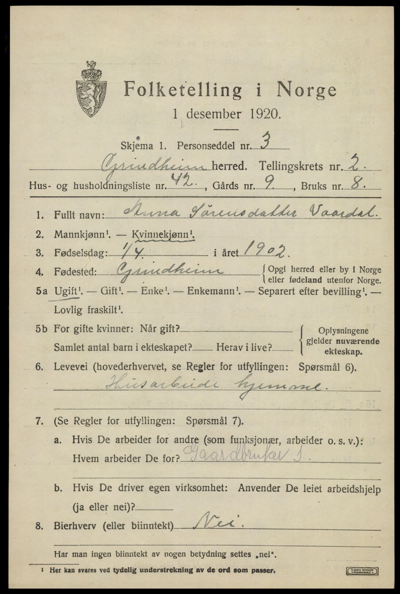 SAK, 1920 census for Grindheim, 1920, p. 873