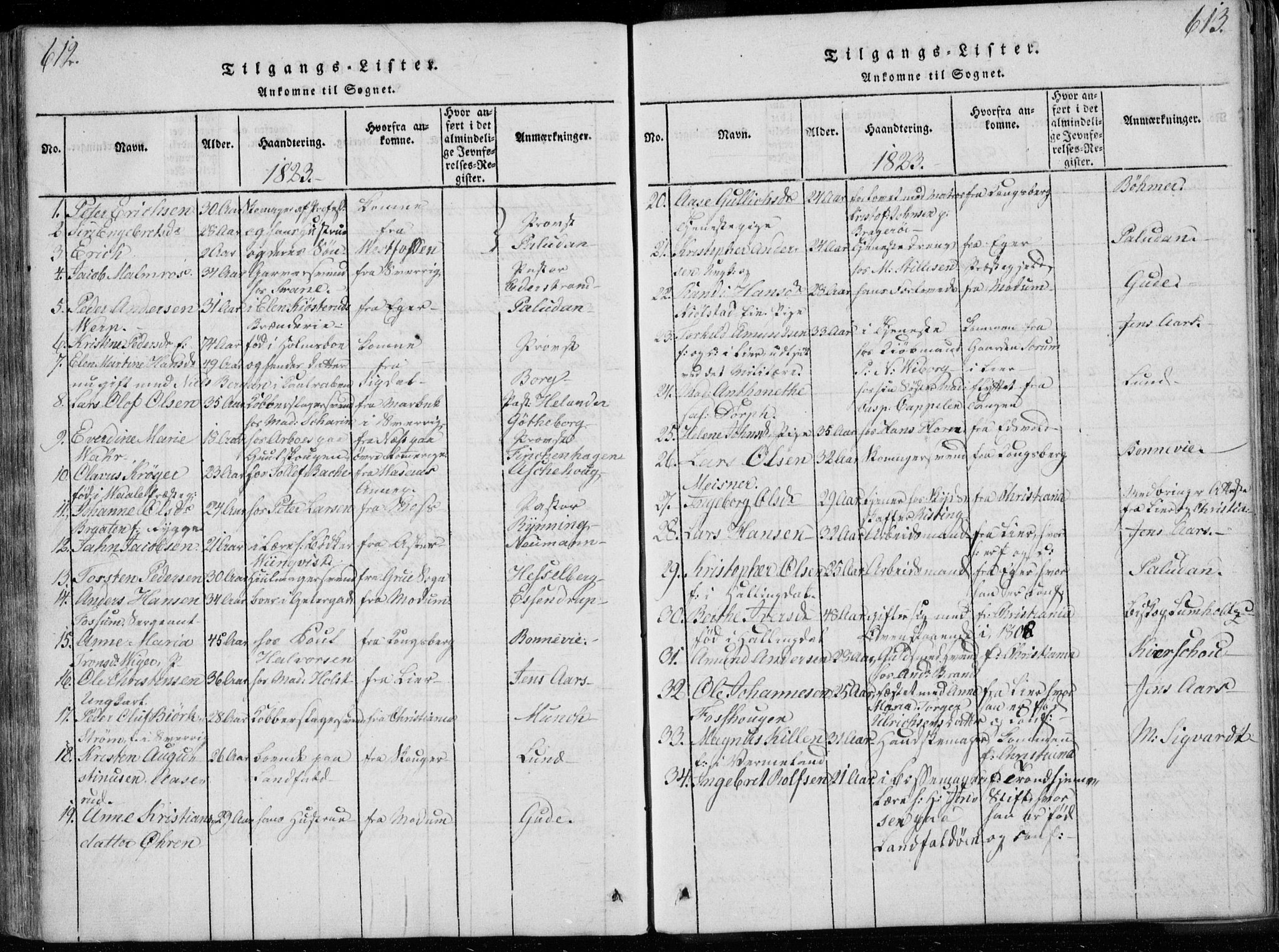 Bragernes kirkebøker, SAKO/A-6/F/Fa/L0007: Parish register (official) no. I 7, 1815-1829, p. 612-613