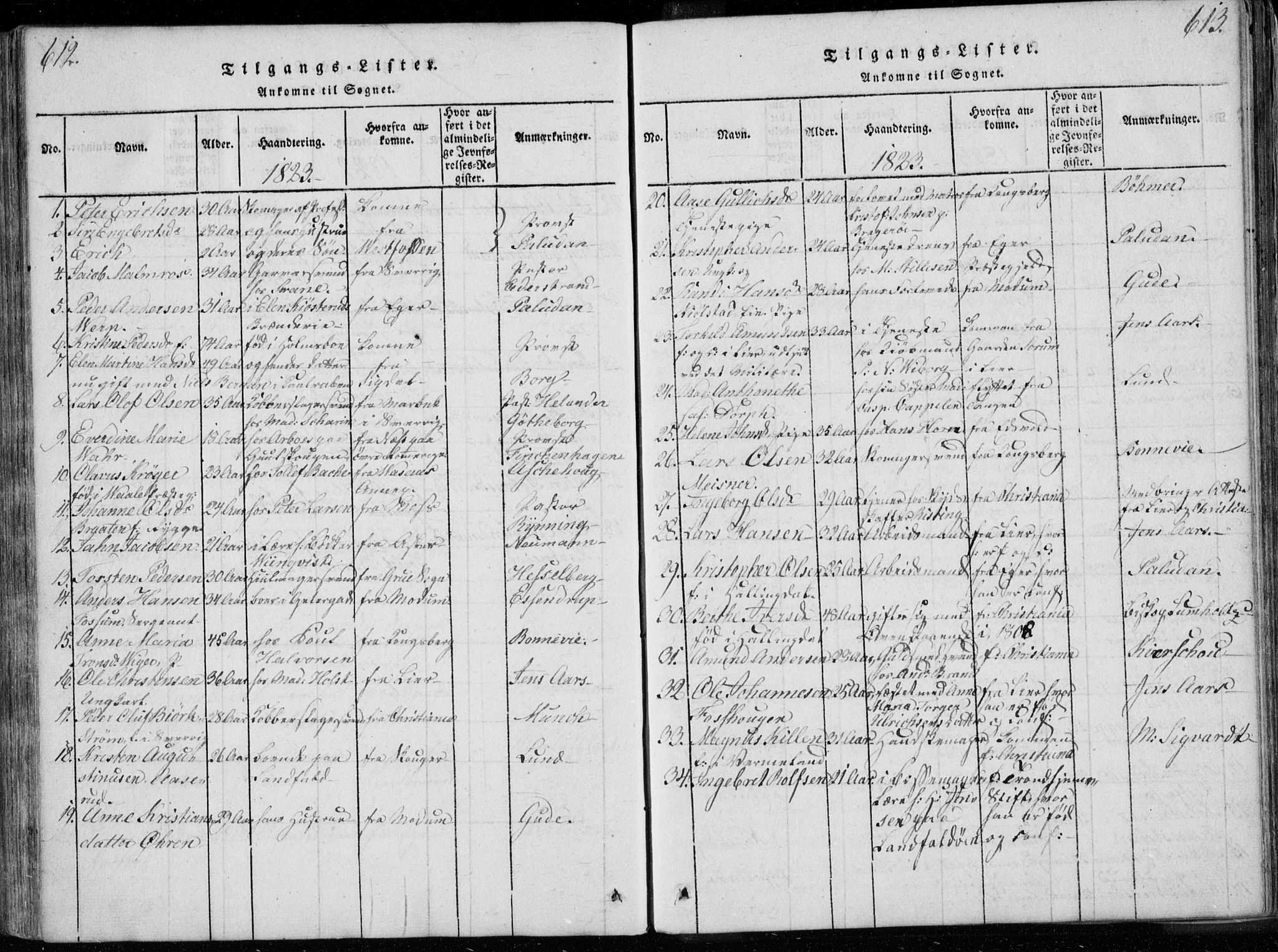 Bragernes kirkebøker, AV/SAKO-A-6/F/Fa/L0007: Parish register (official) no. I 7, 1815-1829, p. 612-613