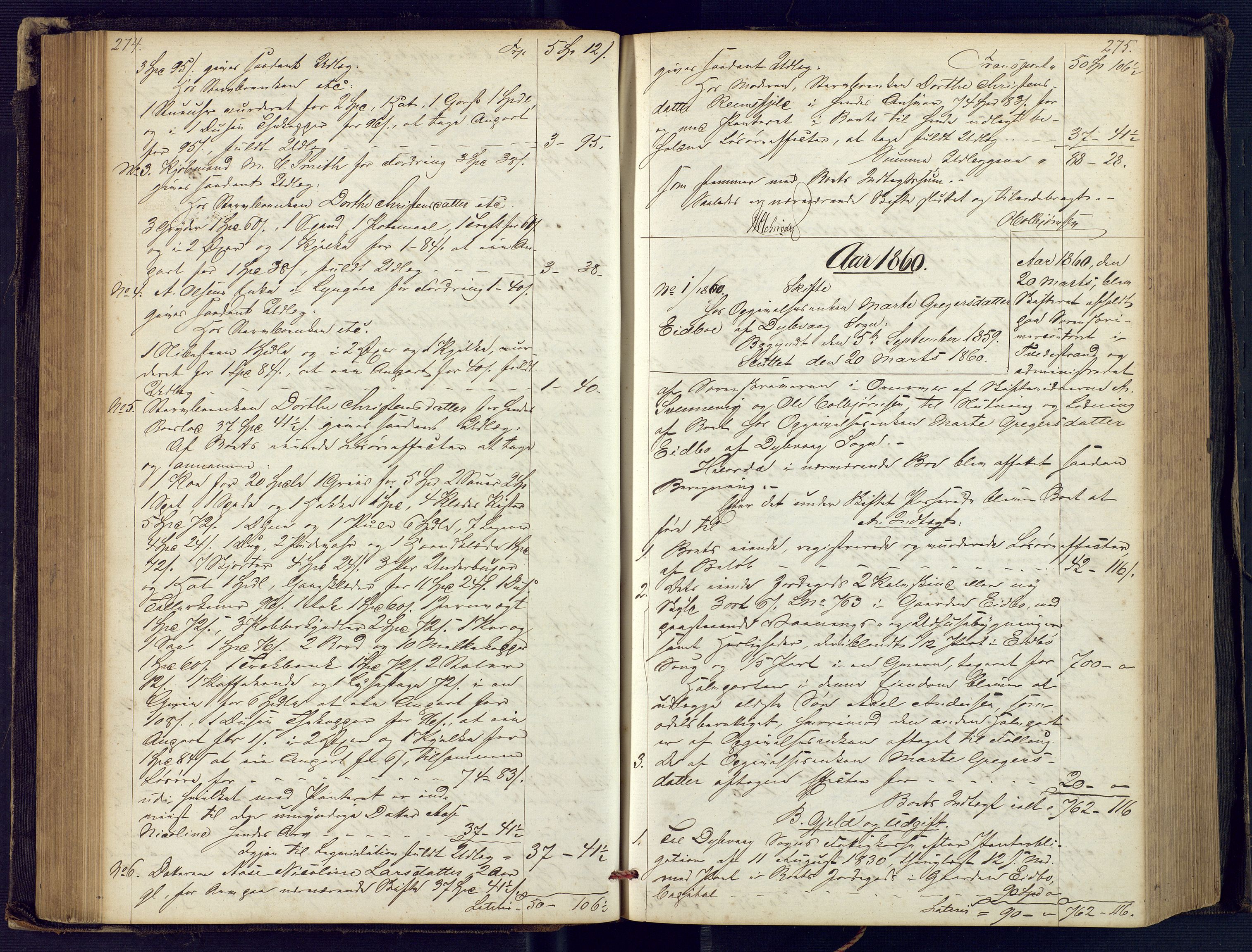 Holt sorenskriveri, SAK/1221-0002/H/Hc/L0029: Skifteutlodningsprotokoll nr. 4 med løst register, 1857-1862, p. 274-275
