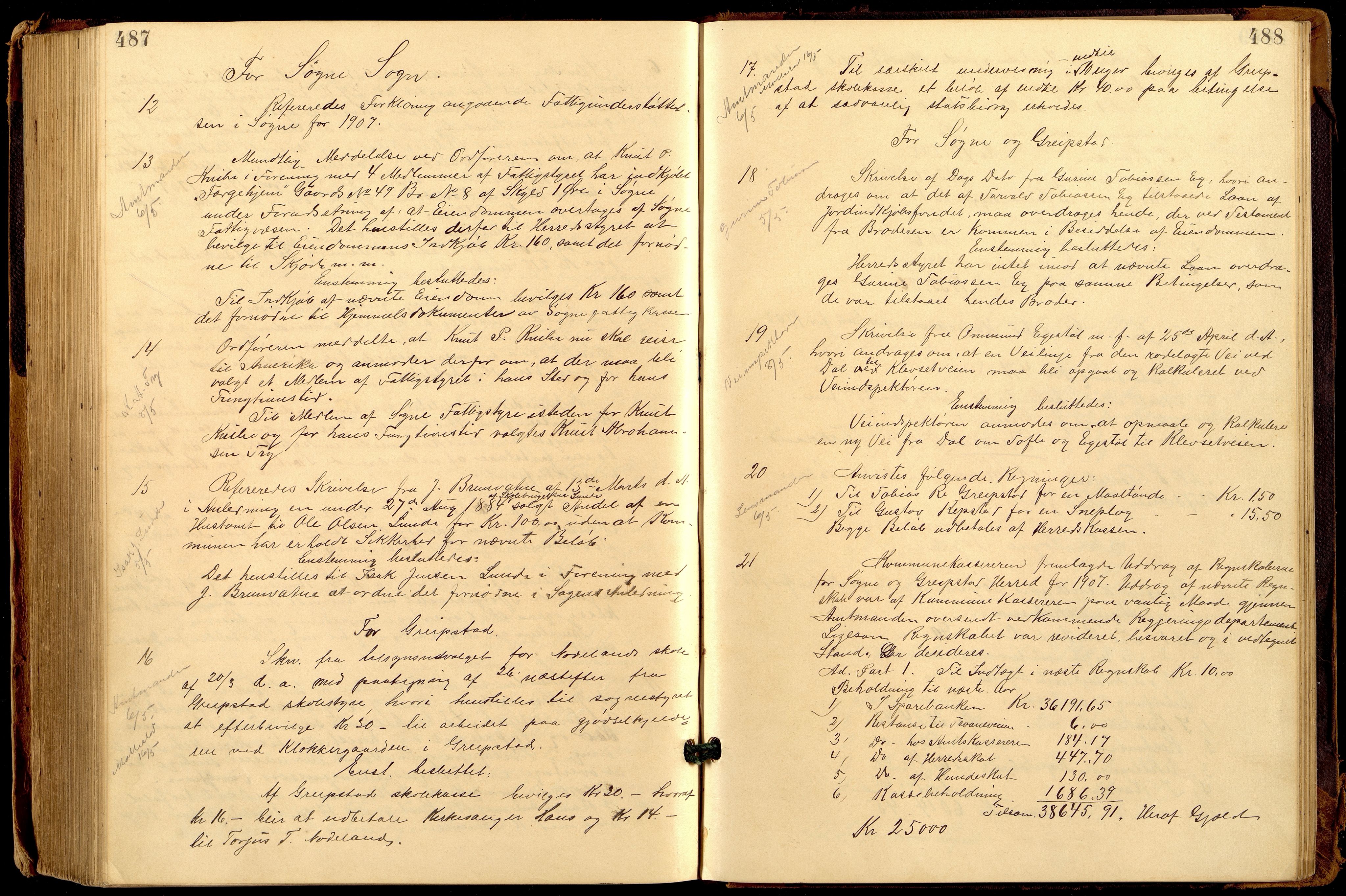 Søgne og Greipstad kommune - Formannskapet, ARKSOR/1018SG120/A/L0006: Møtebok (d), 1901-1909, p. 487-488