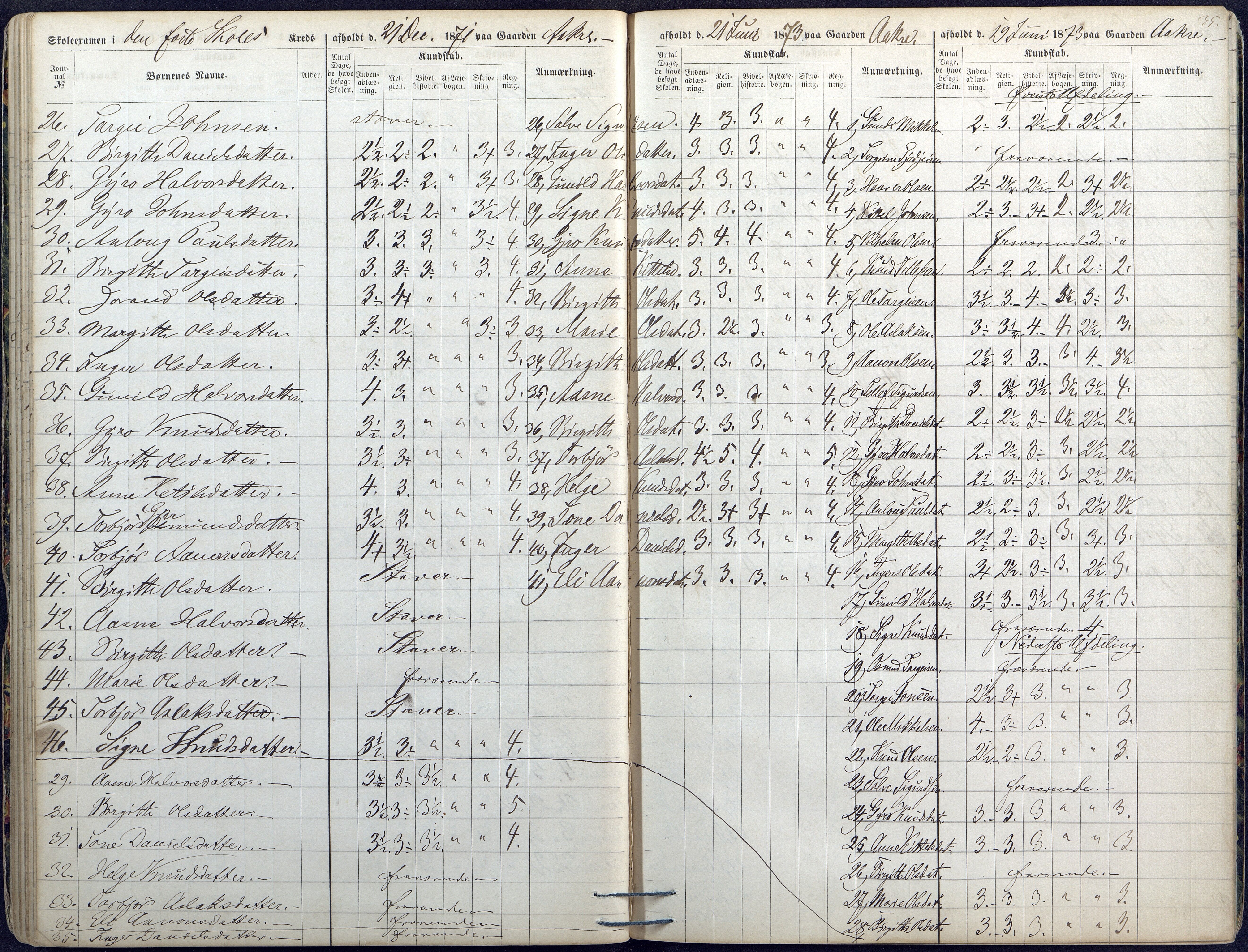 Valle kommune, AAKS/KA0940-PK/03/L0045: Skoleeksamensprotokoll for Valle, 1867-1874, p. 35