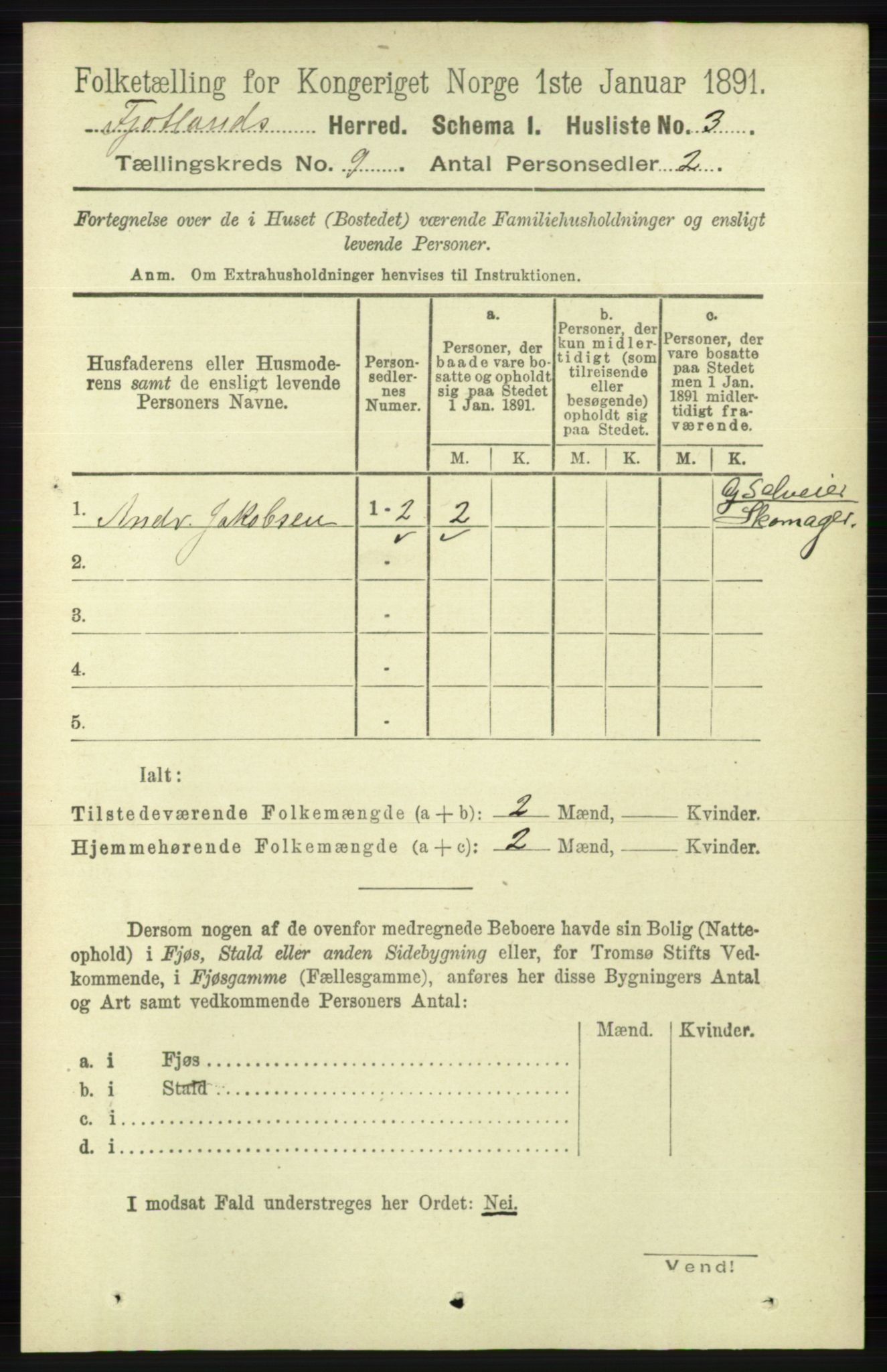 RA, 1891 census for 1036 Fjotland, 1891, p. 1283