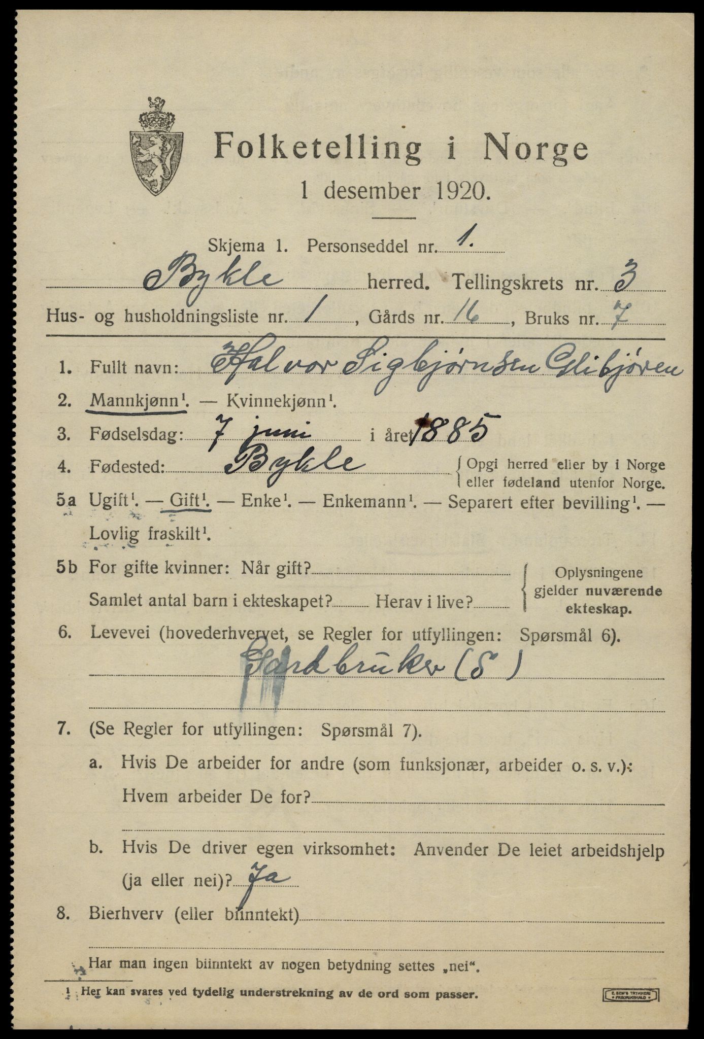 SAK, 1920 census for Bykle, 1920, p. 1023