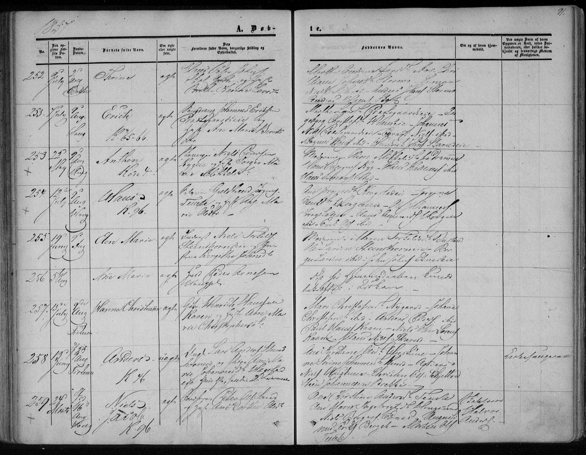 Eiker kirkebøker, SAKO/A-4/F/Fa/L0015a: Parish register (official) no. I 15A, 1854-1860, p. 91