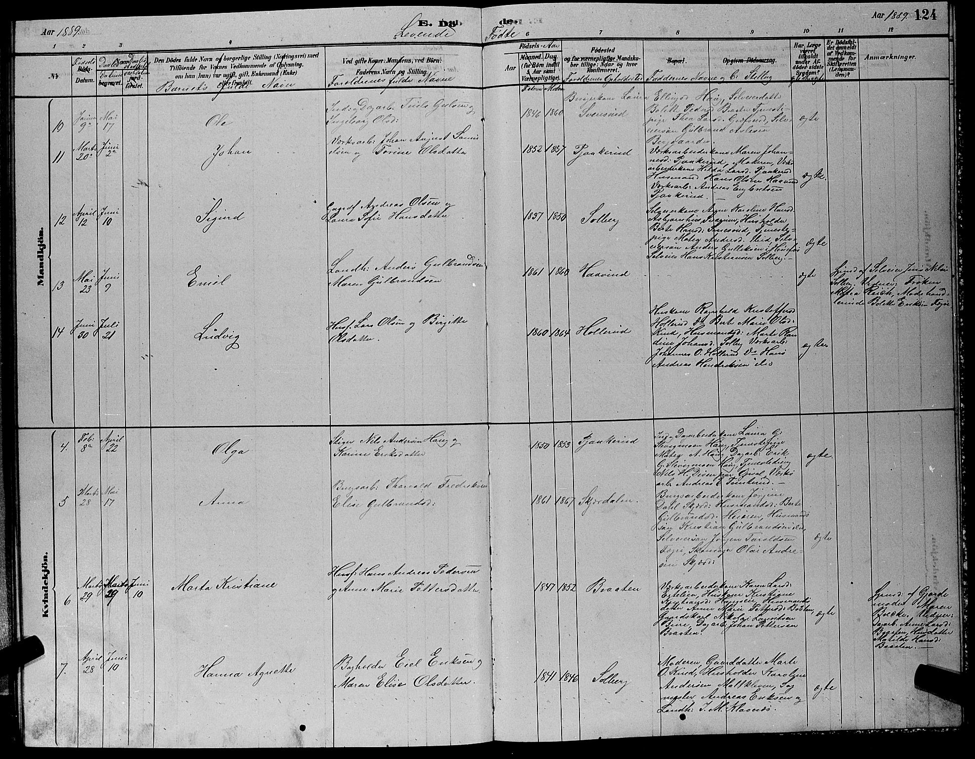 Hole kirkebøker, SAKO/A-228/G/Gb/L0002: Parish register (copy) no. II 2, 1878-1889, p. 124