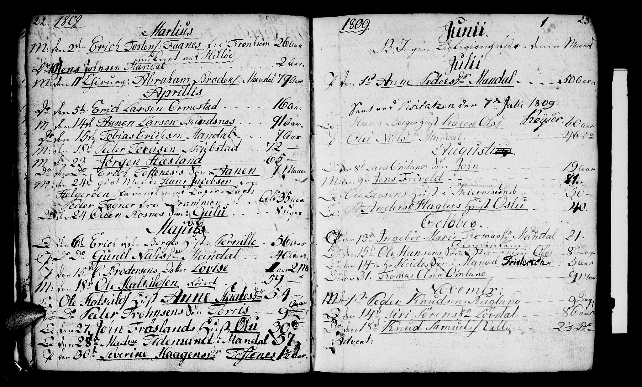 Mandal sokneprestkontor, SAK/1111-0030/F/Fa/Faa/L0009: Parish register (official) no. A 9, 1804-1818, p. 22-23