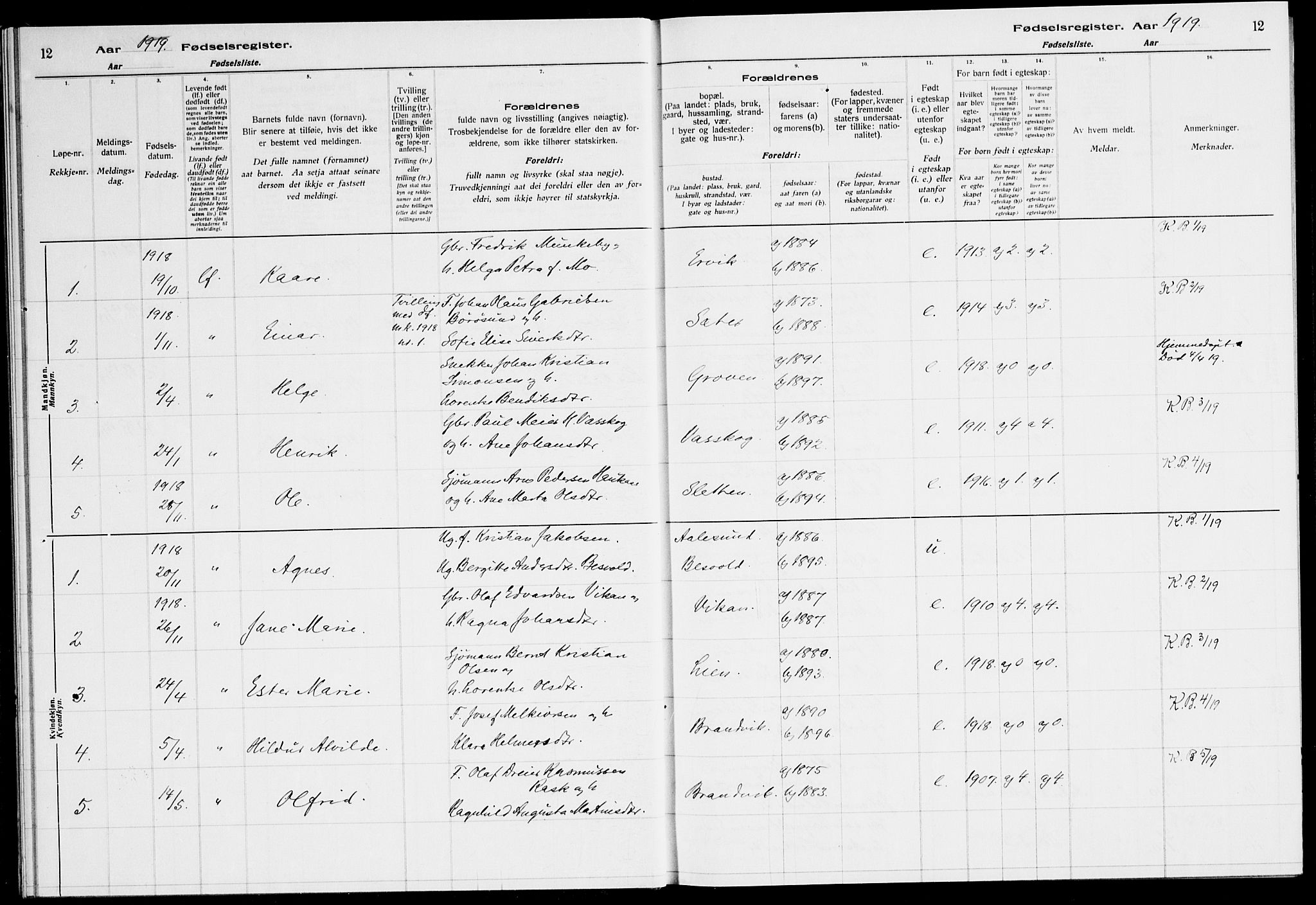 Ministerialprotokoller, klokkerbøker og fødselsregistre - Sør-Trøndelag, SAT/A-1456/651/L0650: Birth register no. 651.II.4.1, 1916-1923, p. 12